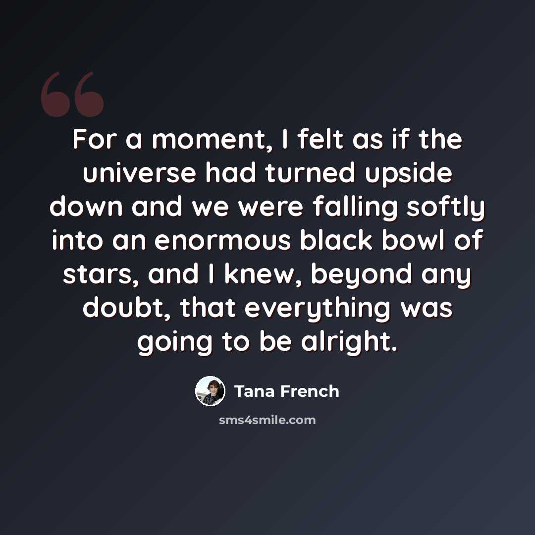 “For a moment, I felt as if the universe had turned upside down and we were falling softly into an enormous black bowl of stars, and I knew, beyond any doubt, that everything was going to be alright.” quote by Tana French