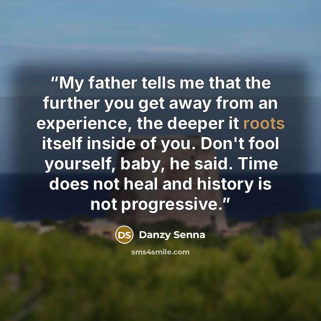 “My father tells me that the further you get away from an experience, the deeper it roots itself inside of you. Don't fool yourself, baby, he said. Time does not heal and history is not progressive.” quote by Danzy Senna