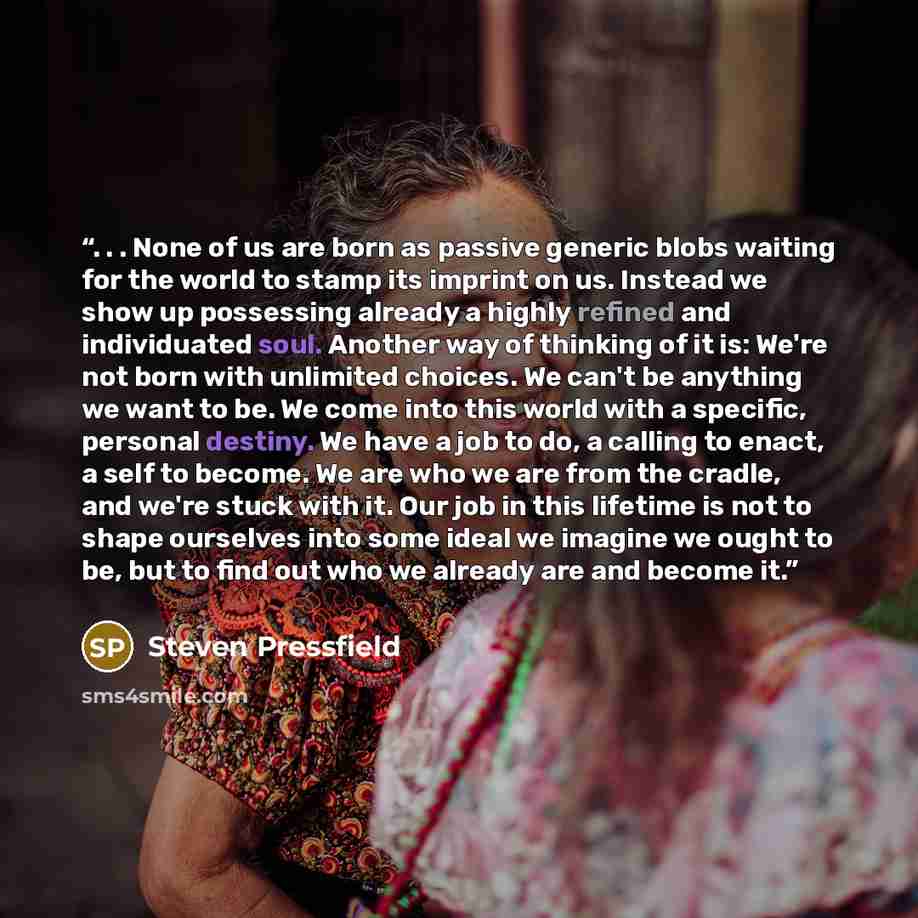 “. . . None of us are born as passive generic blobs waiting for the world to stamp its imprint on us. Instead we show up possessing already a highly refined and individuated soul. Another way of thinking of it is: We're not born with unlimited choices. We can't be anything we want to be. We come…” quote by Steven Pressfield