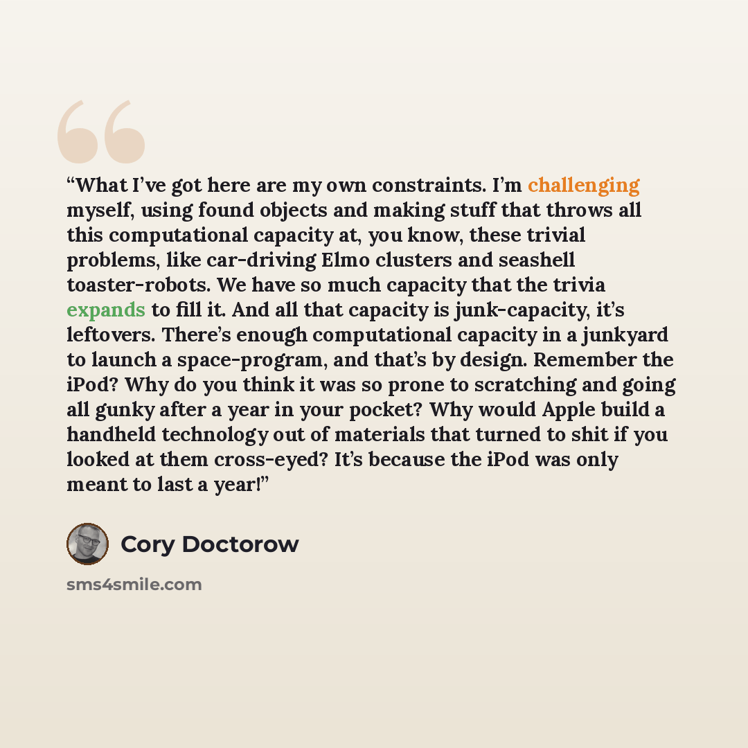 “What I’ve got here are my own constraints. I’m challenging myself, using found objects and making stuff that throws all this computational capacity at, you know, these trivial problems, like car-driving Elmo clusters and seashell toaster-robots. We have so much capacity that the trivia expands to…” quote by Cory Doctorow