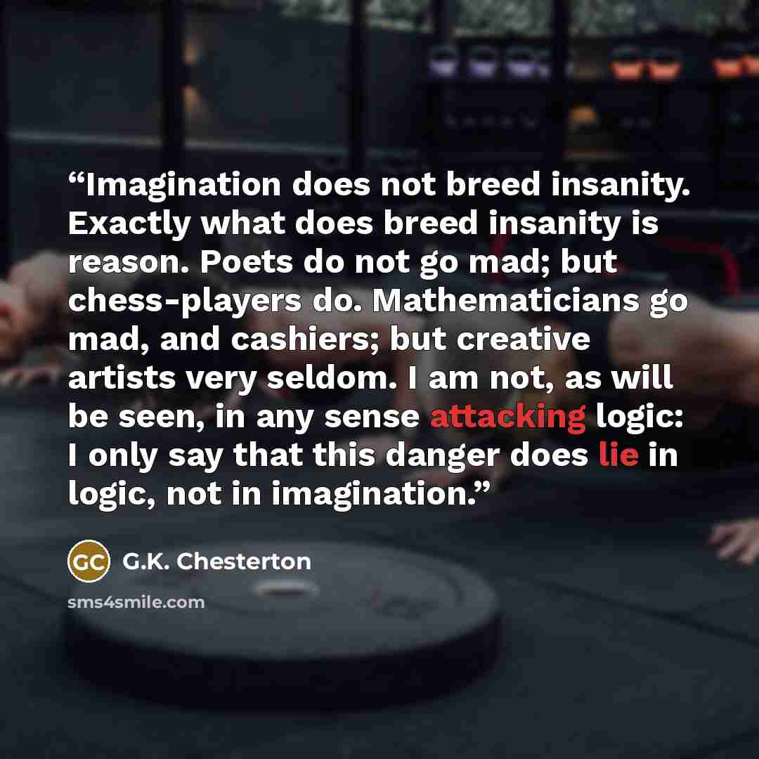“Imagination does not breed insanity. Exactly what does breed insanity is reason. Poets do not go mad; but chess-players do. Mathematicians go mad, and cashiers; but creative artists very seldom. I am not, as will be seen, in any sense attacking logic: I only say that this danger does lie in logic…” quote by G.K. Chesterton