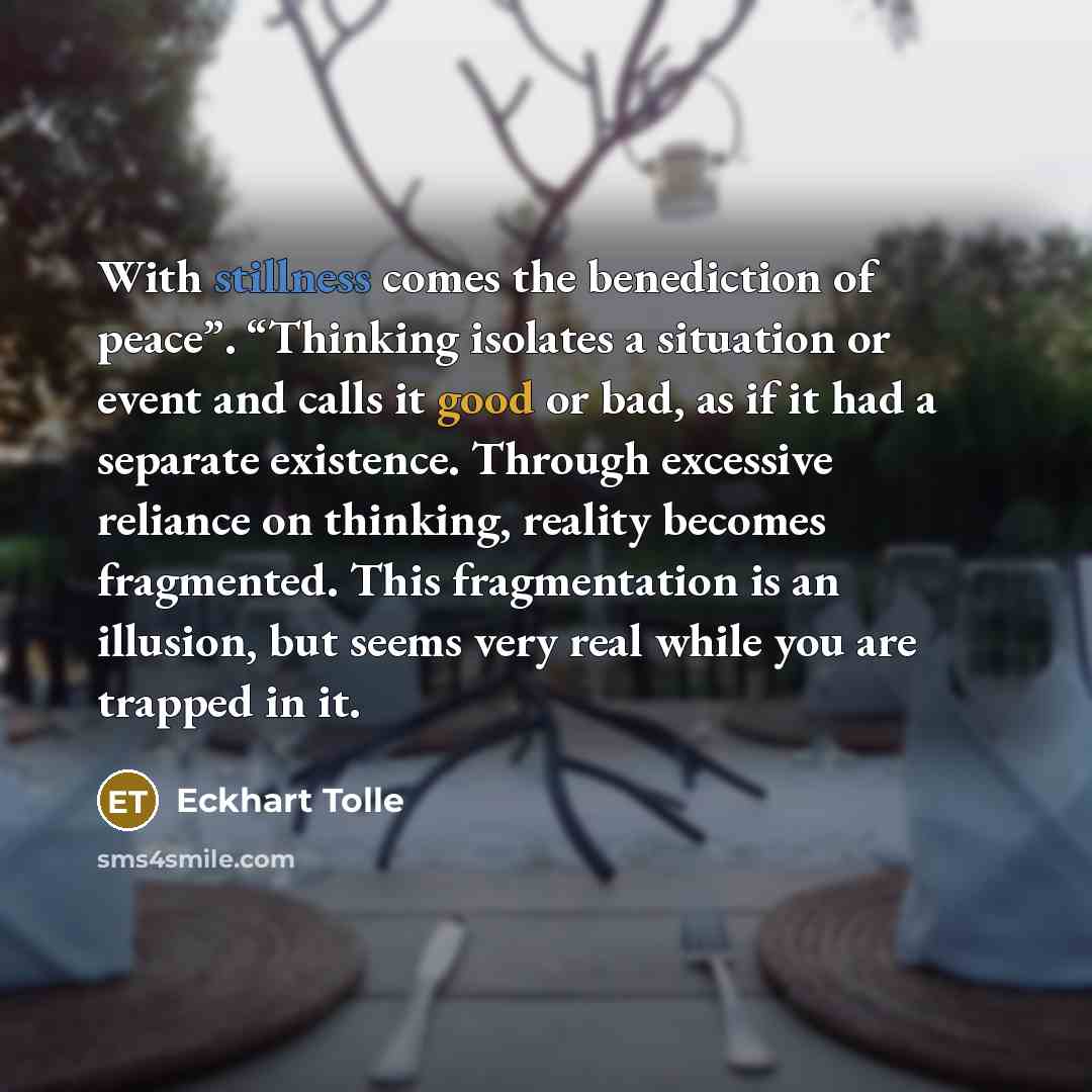 “With stillness comes the benediction of peace”. “Thinking isolates a situation or event and calls it good or bad, as if it had a separate existence. Through excessive reliance on thinking, reality becomes fragmented. This fragmentation is an illusion, but seems very real while you are trapped in it.” quote by Eckhart Tolle