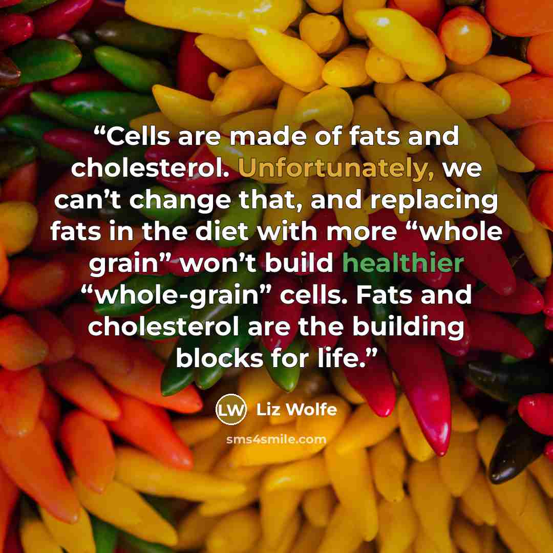 “Cells are made of fats and cholesterol. Unfortunately, we can’t change that, and replacing fats in the diet with more “whole grain” won’t build healthier “whole-grain” cells. Fats and cholesterol are the building blocks for life.” quote by Liz Wolfe