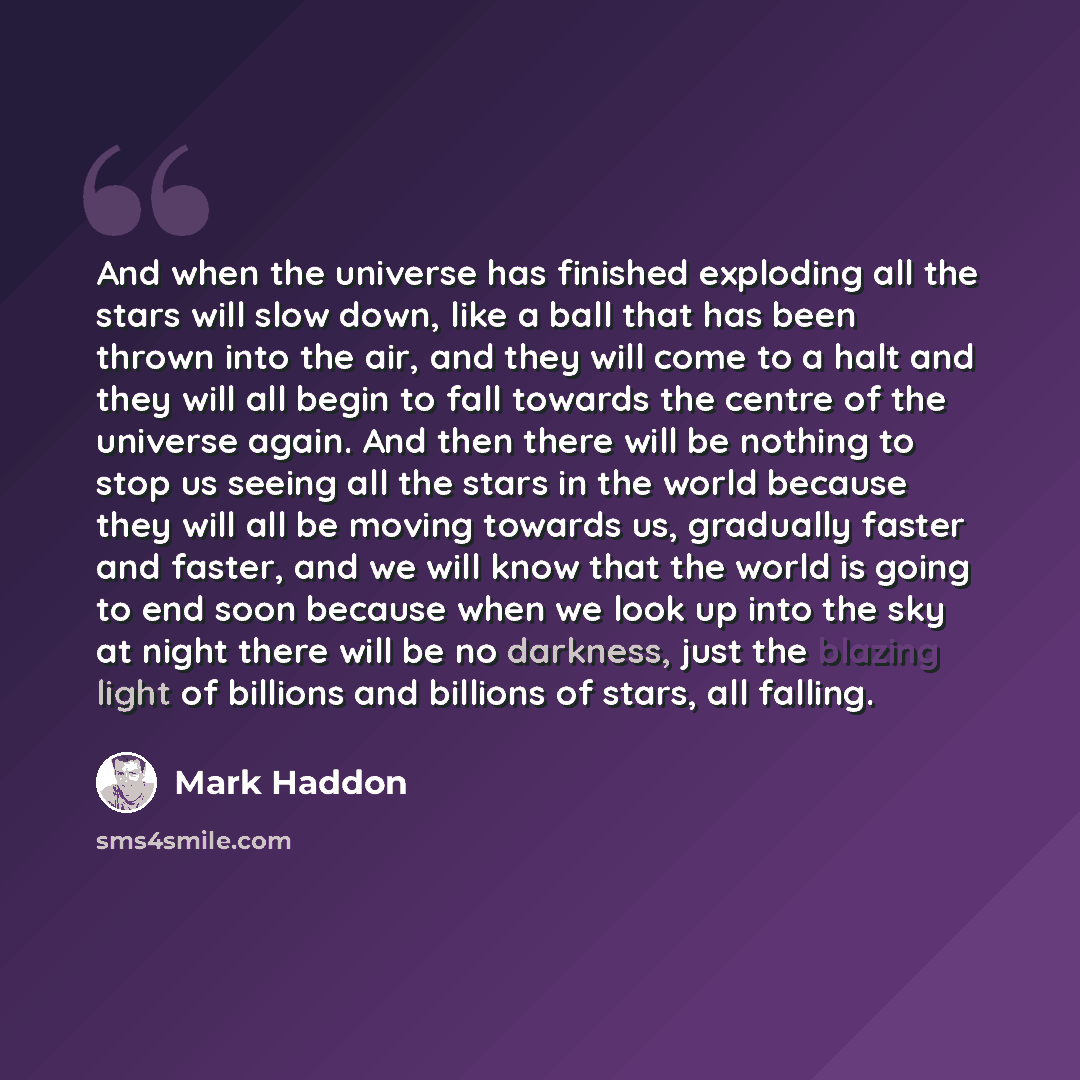 “And when the universe has finished exploding all the stars will slow down, like a ball that has been thrown into the air, and they will come to a halt and they will all begin to fall towards the centre of the universe again. And then there will be nothing to stop us seeing all the stars in the…” quote by Mark Haddon