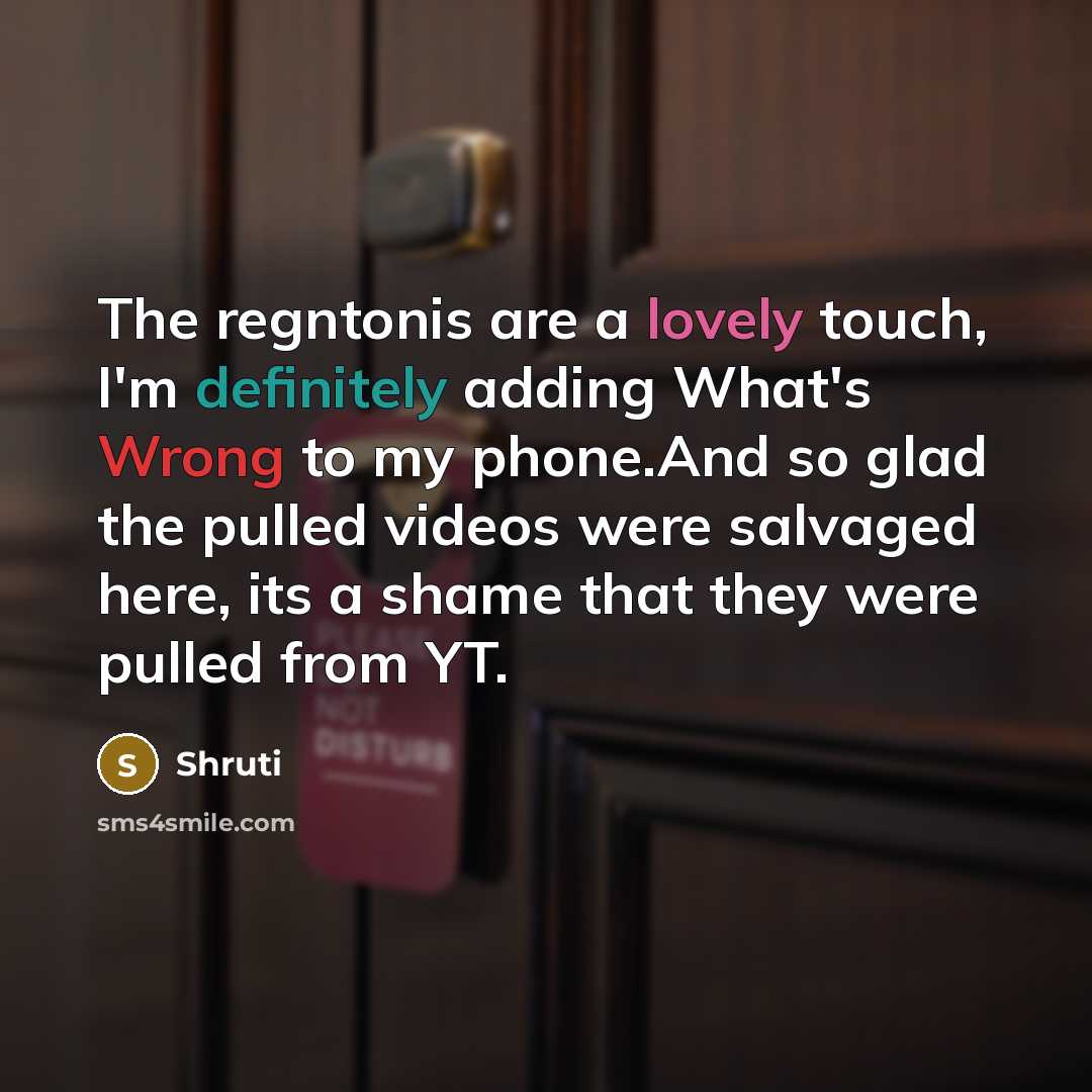 “The regntonis are a lovely touch, I'm definitely adding What's Wrong to my phone.And so glad the pulled videos were salvaged here, its a shame that they were pulled from YT.” quote by Shruti