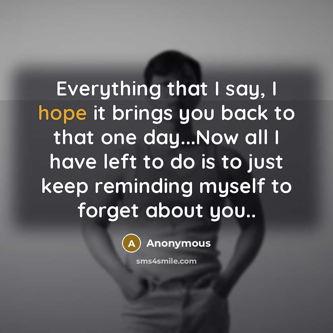 “Everything that I say, I hope it brings you back to that one day...Now all I have left to do is to just keep reminding myself to forget about you..” quote by Anonymous