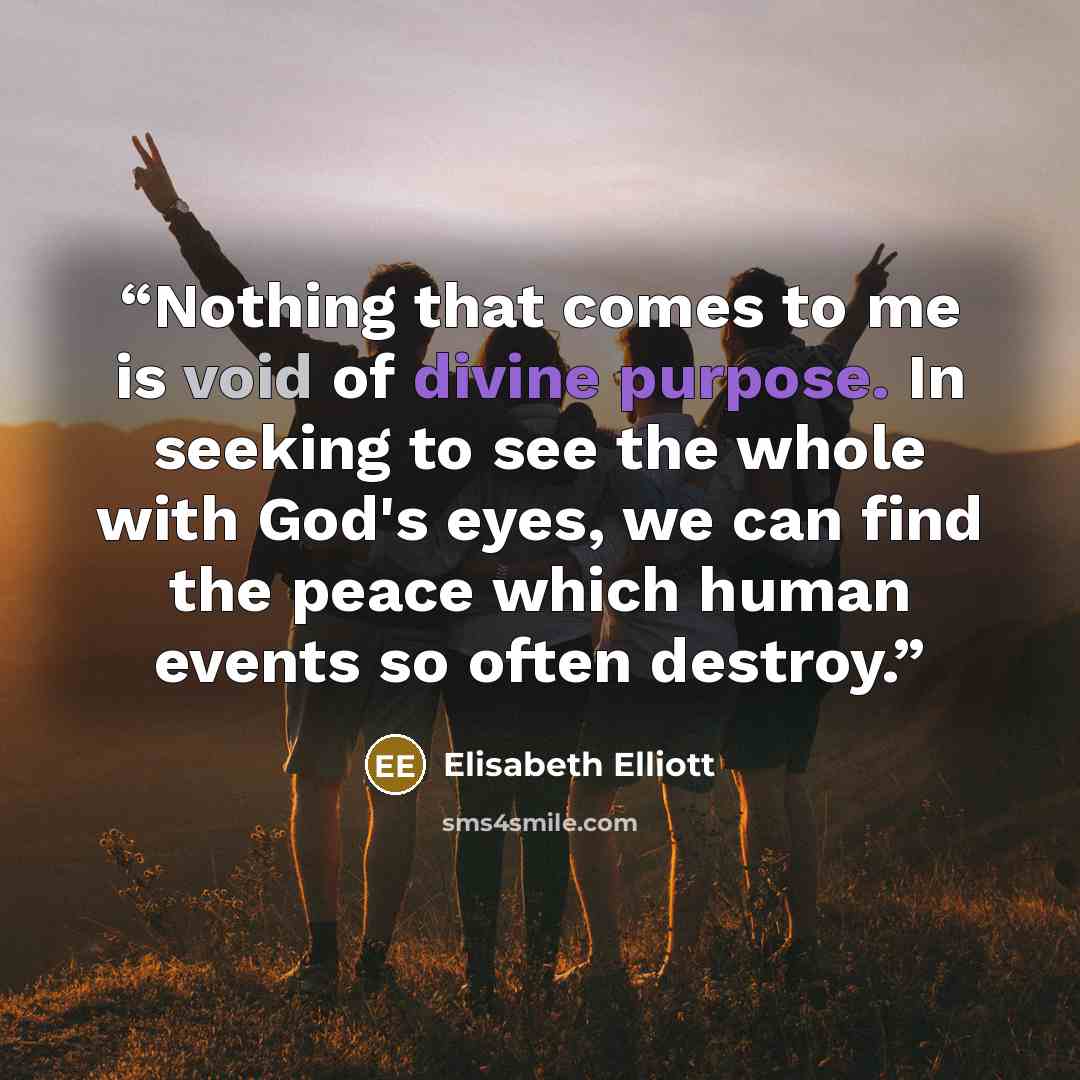 “Nothing that comes to me is void of divine purpose. In seeking to see the whole with God's eyes, we can find the peace which human events so often destroy.” quote by Elisabeth Elliott