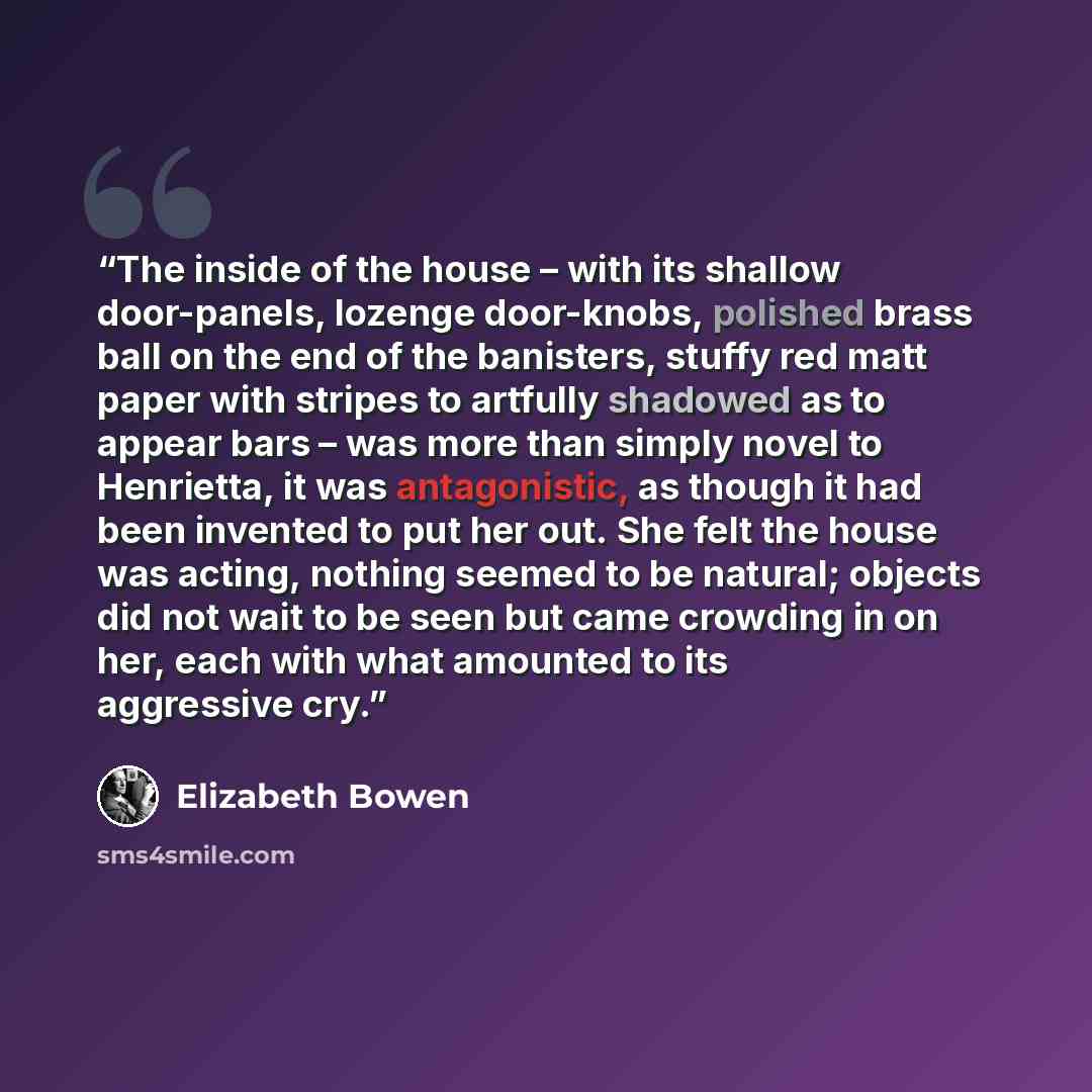 “The inside of the house – with its shallow door-panels, lozenge door-knobs, polished brass ball on the end of the banisters, stuffy red matt paper with stripes to artfully shadowed as to appear bars – was more than simply novel to Henrietta, it was antagonistic, as though it had been invented to…” quote by Elizabeth Bowen