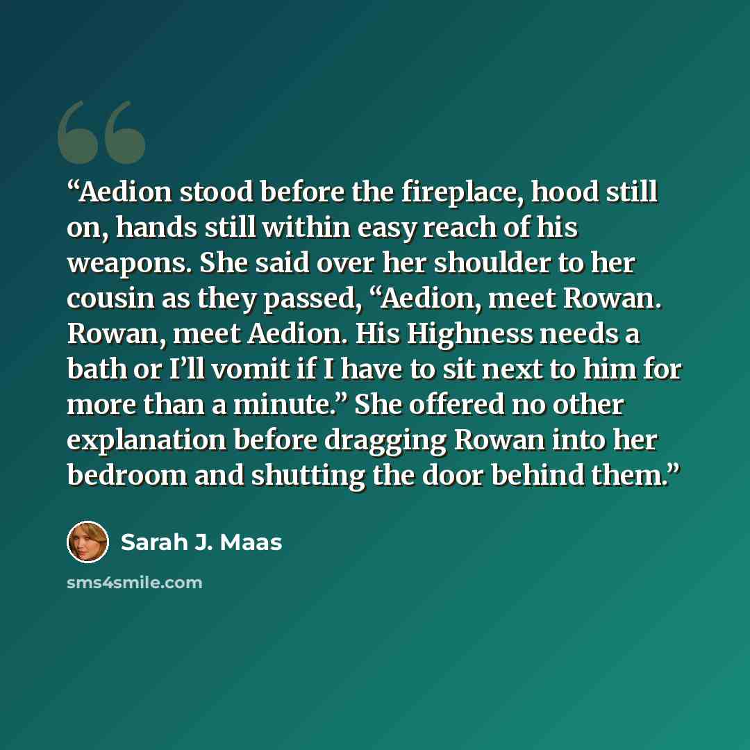 “Aedion stood before the fireplace, hood still on, hands still within easy reach of his weapons. She said over her shoulder to her cousin as they passed, “Aedion, meet Rowan. Rowan, meet Aedion. His Highness needs a bath or I’ll vomit if I have to sit next to him for more than a minute.” She…” quote by Sarah J. Maas