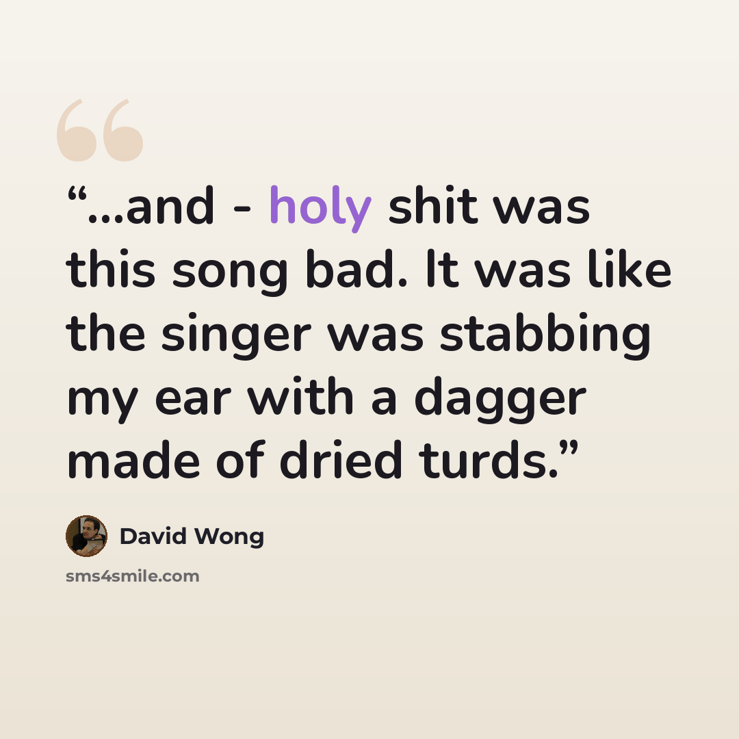 “...and - holy shit was this song bad. It was like the singer was stabbing my ear with a dagger made of dried turds.” quote by David Wong