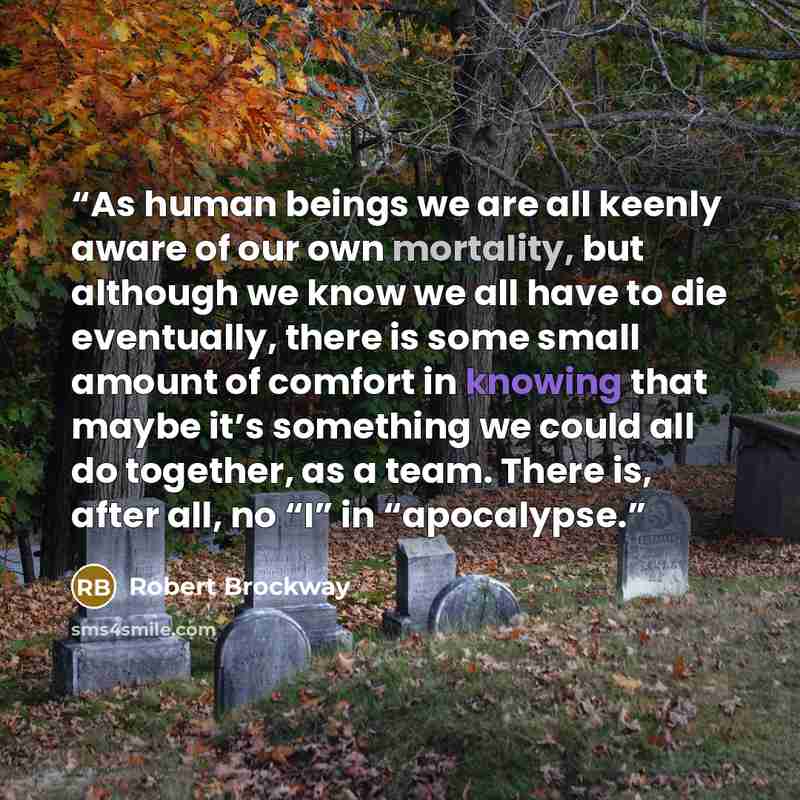 “As human beings we are all keenly aware of our own mortality, but although we know we all have to die eventually, there is some small amount of comfort in knowing that maybe it’s something we could all do together, as a team. There is, after all, no “I” in “apocalypse.” quote by Robert Brockway