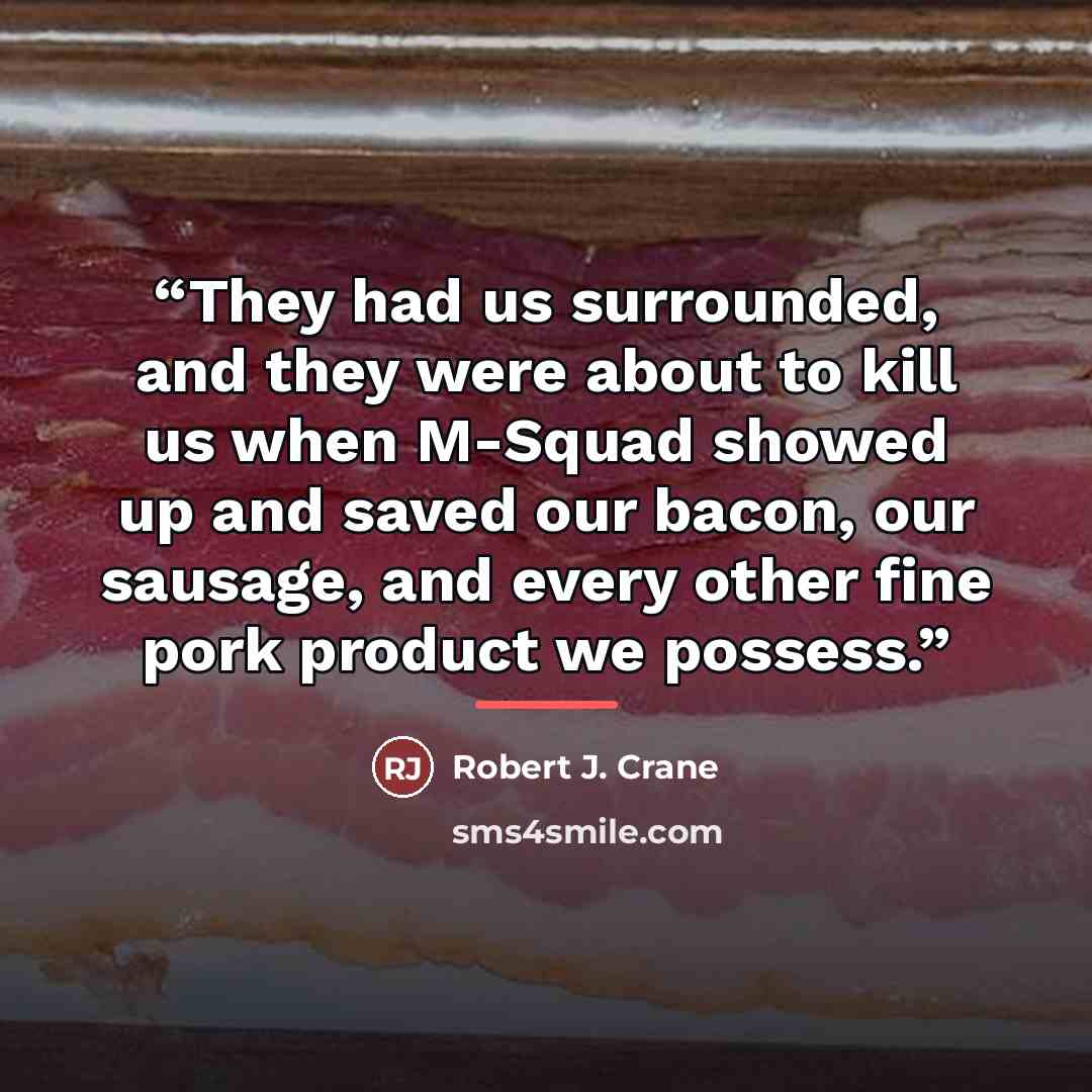 “They had us surrounded, and they were about to kill us when M-Squad showed up and saved our bacon, our sausage, and every other fine pork product we possess.” quote by Robert J. Crane