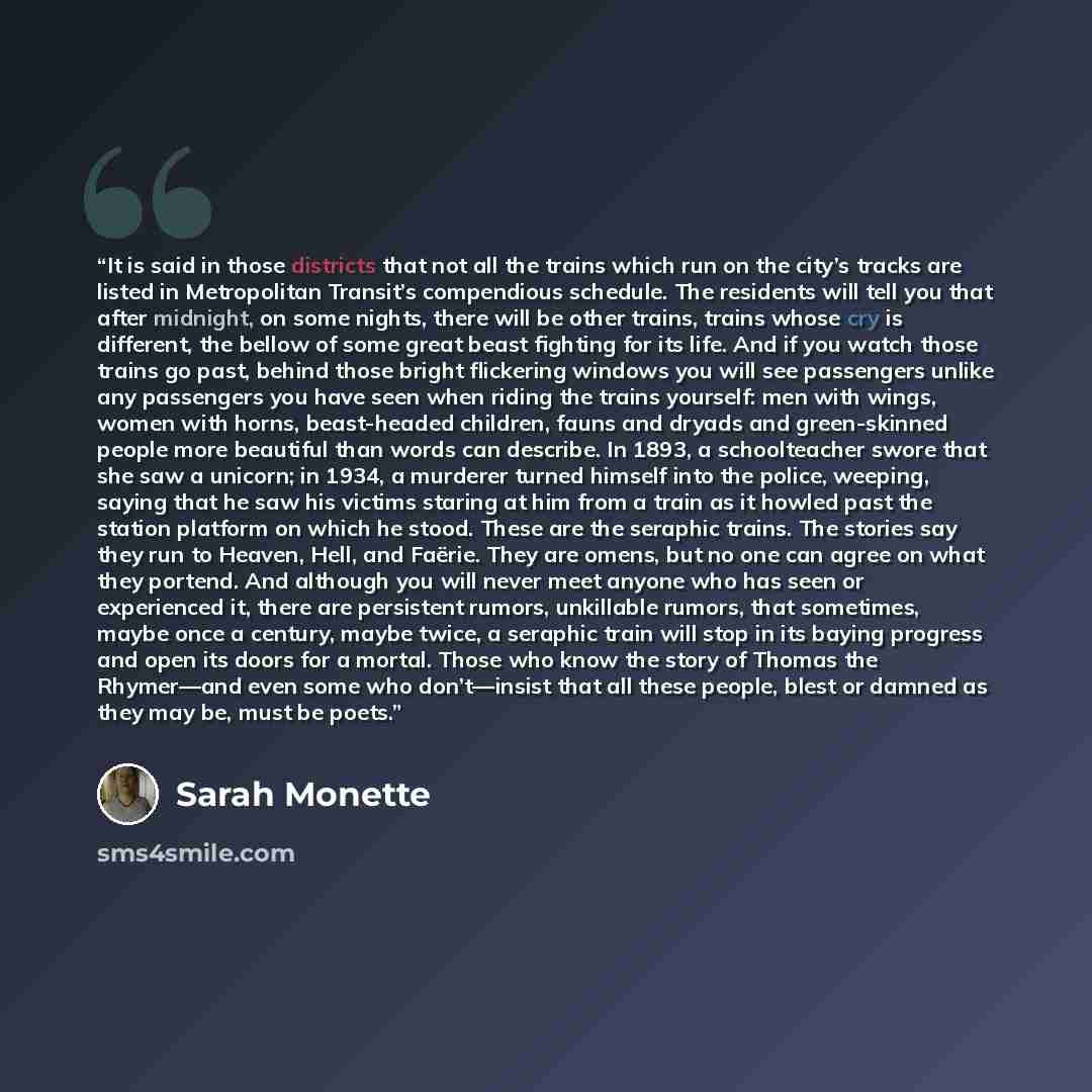 “It is said in those districts that not all the trains which run on the city’s tracks are listed in Metropolitan Transit’s compendious schedule. The residents will tell you that after midnight, on some nights, there will be other trains, trains whose cry is different, the bellow of some great beast…” quote by Sarah Monette