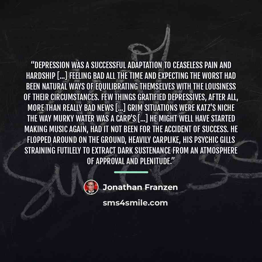 “depression was a successful adaptation to ceaseless pain and hardship [...] feeling bad all the time and expecting the worst had been natural ways of equilibrating themselves with the lousiness of their circumstances. Few things gratified depressives, after all, more than really bad news [...]…” quote by Jonathan Franzen