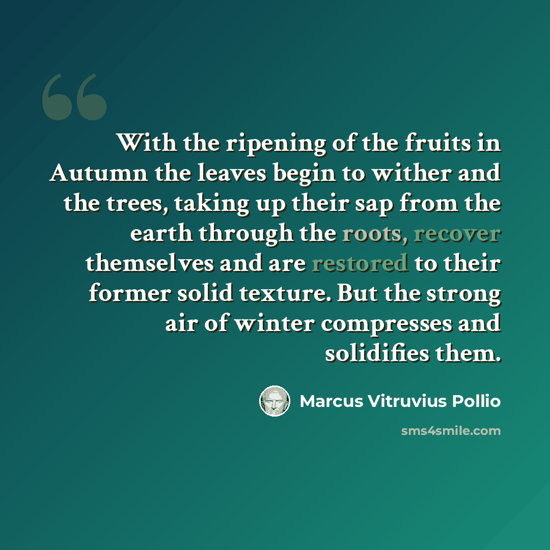 “With the ripening of the fruits in Autumn the leaves begin to wither and the trees, taking up their sap from the earth through the roots, recover themselves and are restored to their former solid texture. But the strong air of winter compresses and solidifies them.” quote by Marcus Vitruvius Pollio