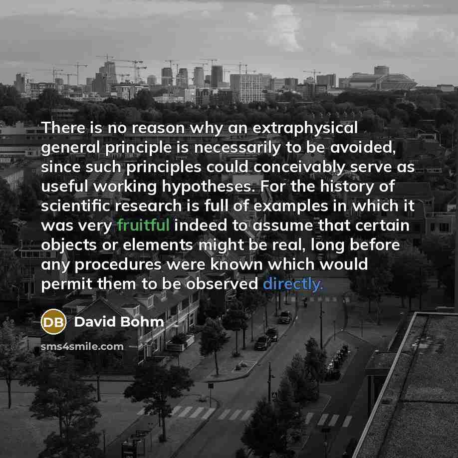 “There is no reason why an extraphysical general principle is necessarily to be avoided, since such principles could conceivably serve as useful working hypotheses. For the history of scientific research is full of examples in which it was very fruitful indeed to assume that certain objects or…” quote by David Bohm