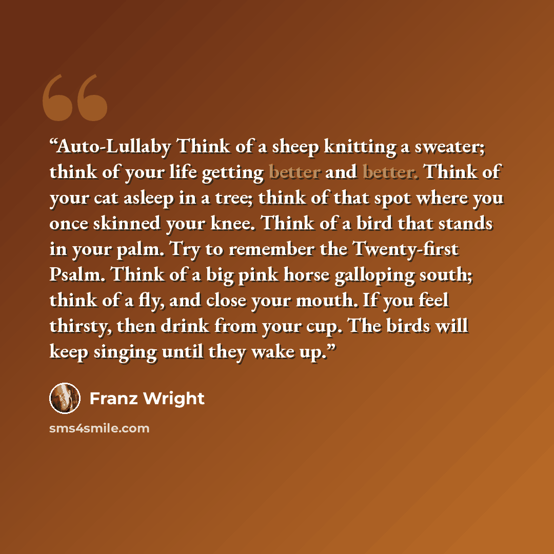 “Auto-Lullaby Think of a sheep knitting a sweater; think of your life getting better and better. Think of your cat asleep in a tree; think of that spot where you once skinned your knee. Think of a bird that stands in your palm. Try to remember the Twenty-first Psalm. Think of a big pink horse…” quote by Franz Wright