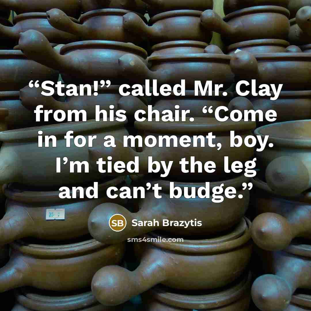 “Stan!” called Mr. Clay from his chair. “Come in for a moment, boy. I’m tied by the leg and can’t budge.” quote by Sarah Brazytis