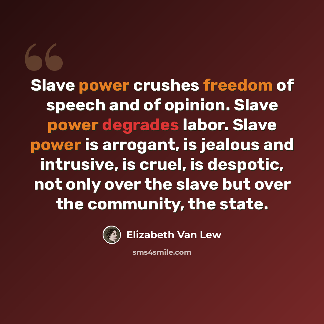 “Slave power crushes freedom of speech and of opinion. Slave power degrades labor. Slave power is arrogant, is jealous and intrusive, is cruel, is despotic, not only over the slave but over the community, the state.” quote by Elizabeth Van Lew
