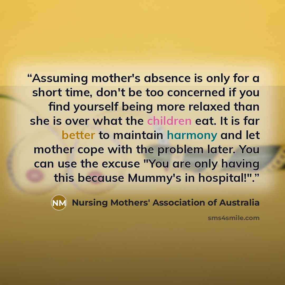 “Assuming mother's absence is only for a short time, don't be too concerned if you find yourself being more relaxed than she is over what the children eat. It is far better to maintain harmony and let mother cope with the problem later. You can use the excuse "You are only having this because…” quote by Nursing Mothers' Association of Australia