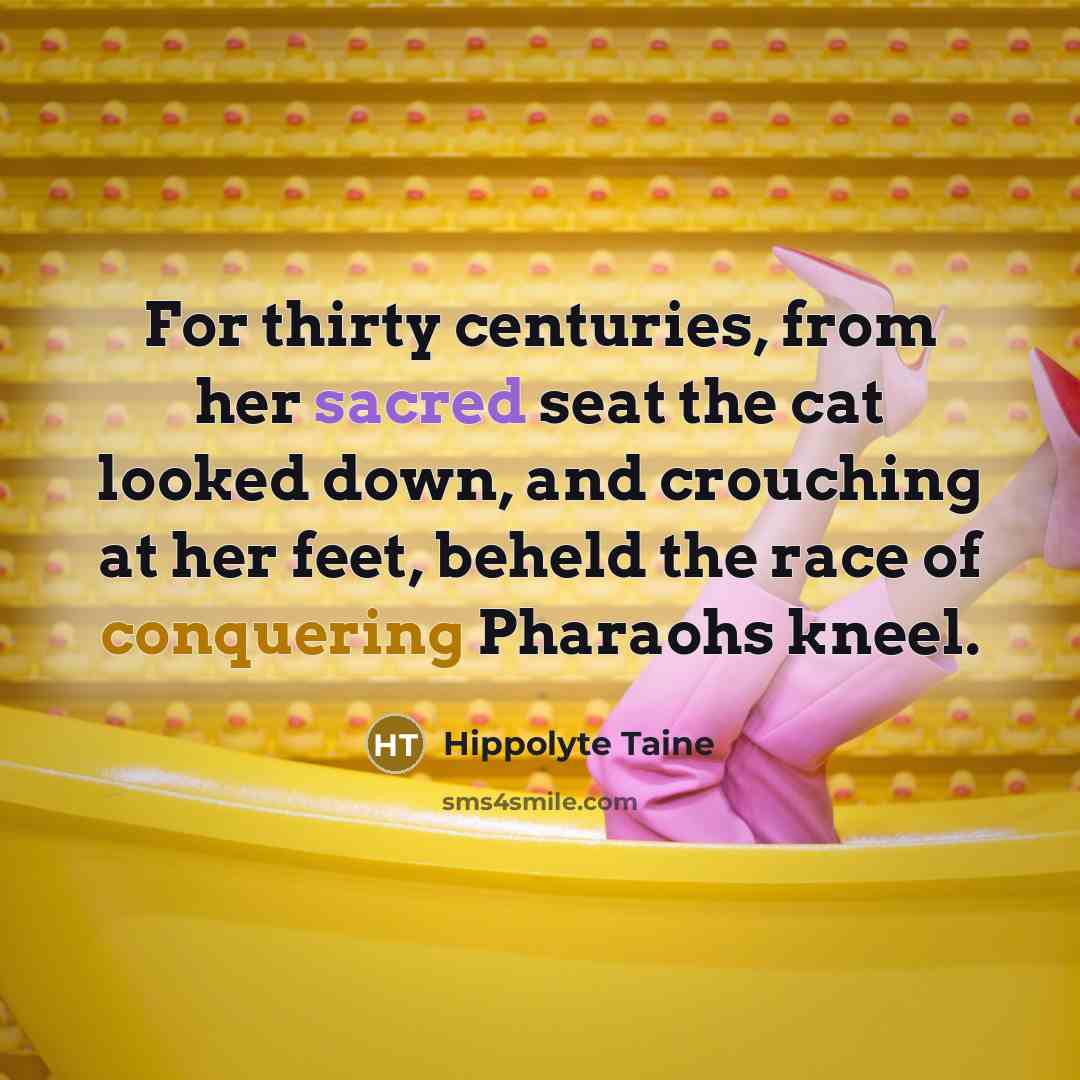 “For thirty centuries, from her sacred seat the cat looked down, and crouching at her feet, beheld the race of conquering Pharaohs kneel.” quote by Hippolyte Taine