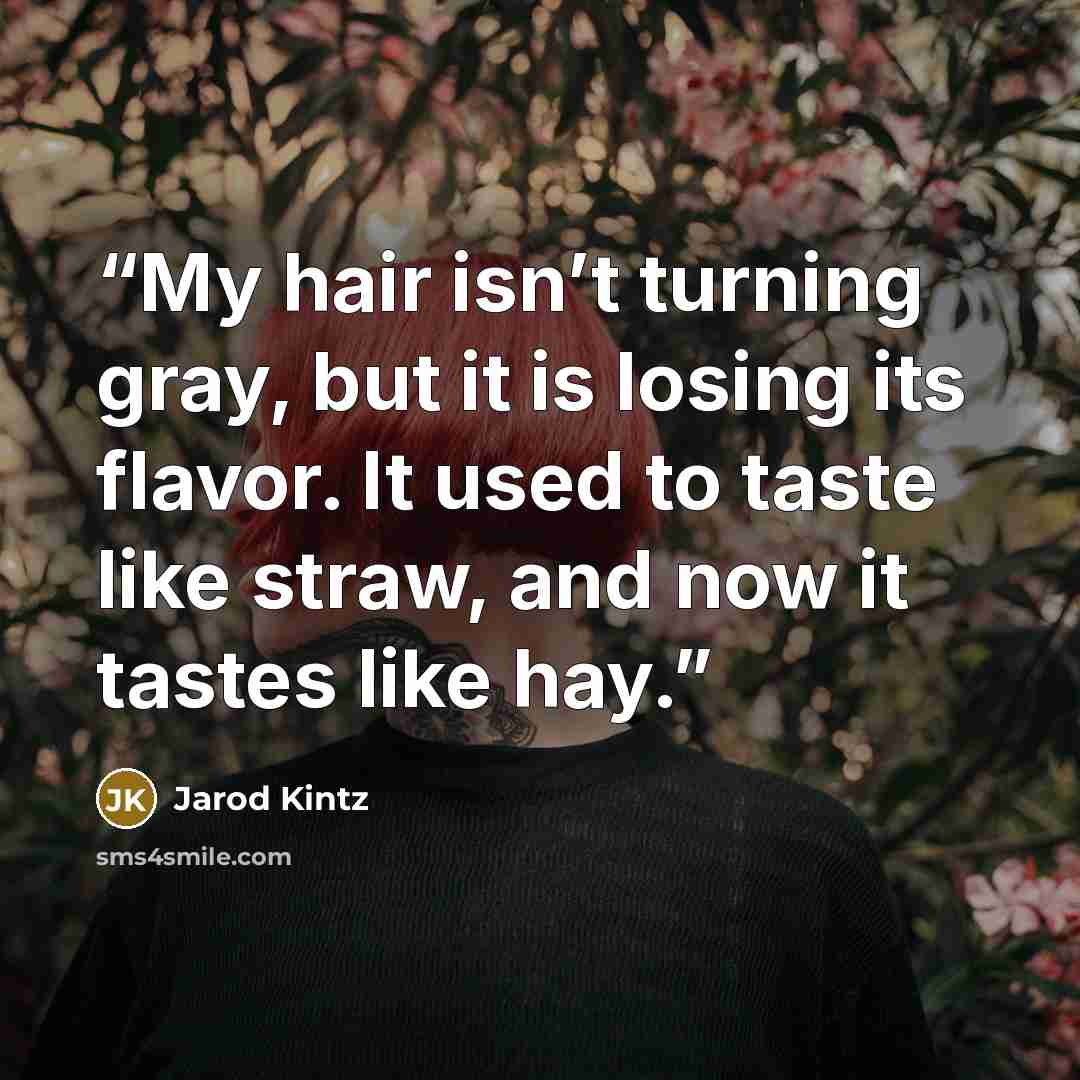 “My hair isn’t turning gray, but it is losing its flavor. It used to taste like straw, and now it tastes like hay.” quote by Jarod Kintz