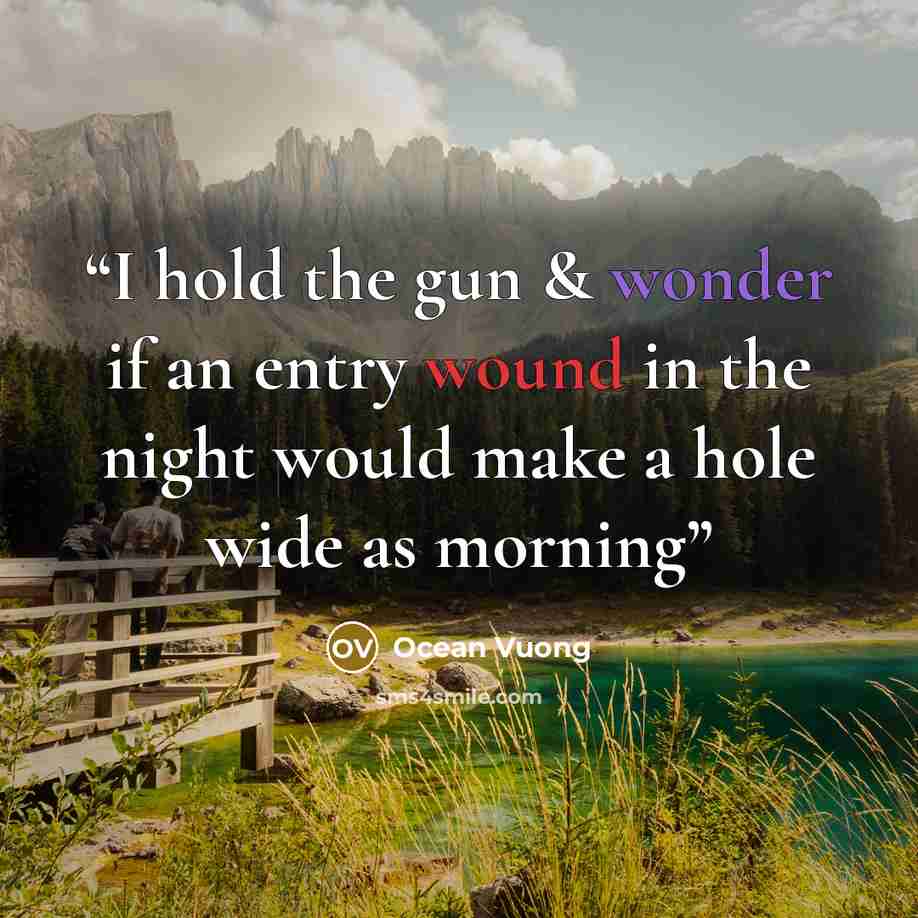 “I hold the gun & wonder if an entry wound in the night would make a hole wide as morning” quote by Ocean Vuong