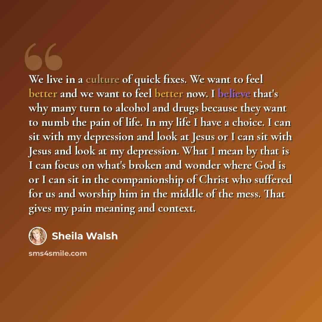 “We live in a culture of quick fixes. We want to feel better and we want to feel better now. I believe that's why many turn to alcohol and drugs because they want to numb the pain of life. In my life I have a choice. I can sit with my depression and look at Jesus or I can sit with Jesus and look at…” quote by Sheila Walsh