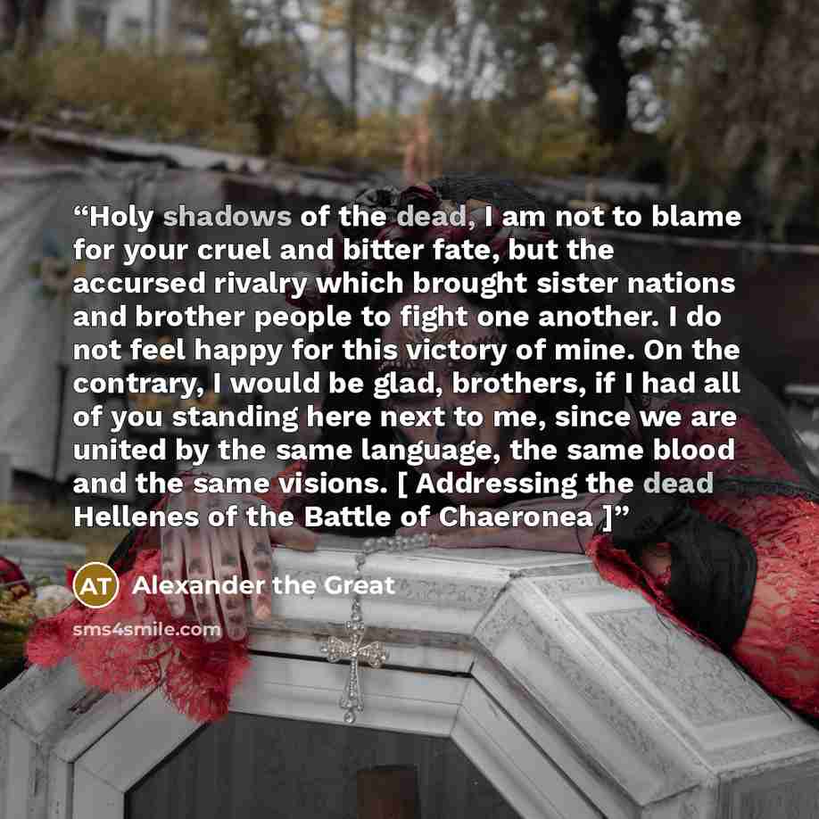 “Holy shadows of the dead, I am not to blame for your cruel and bitter fate, but the accursed rivalry which brought sister nations and brother people to fight one another. I do not feel happy for this victory of mine. On the contrary, I would be glad, brothers, if I had all of you standing here…” quote by Alexander the Great