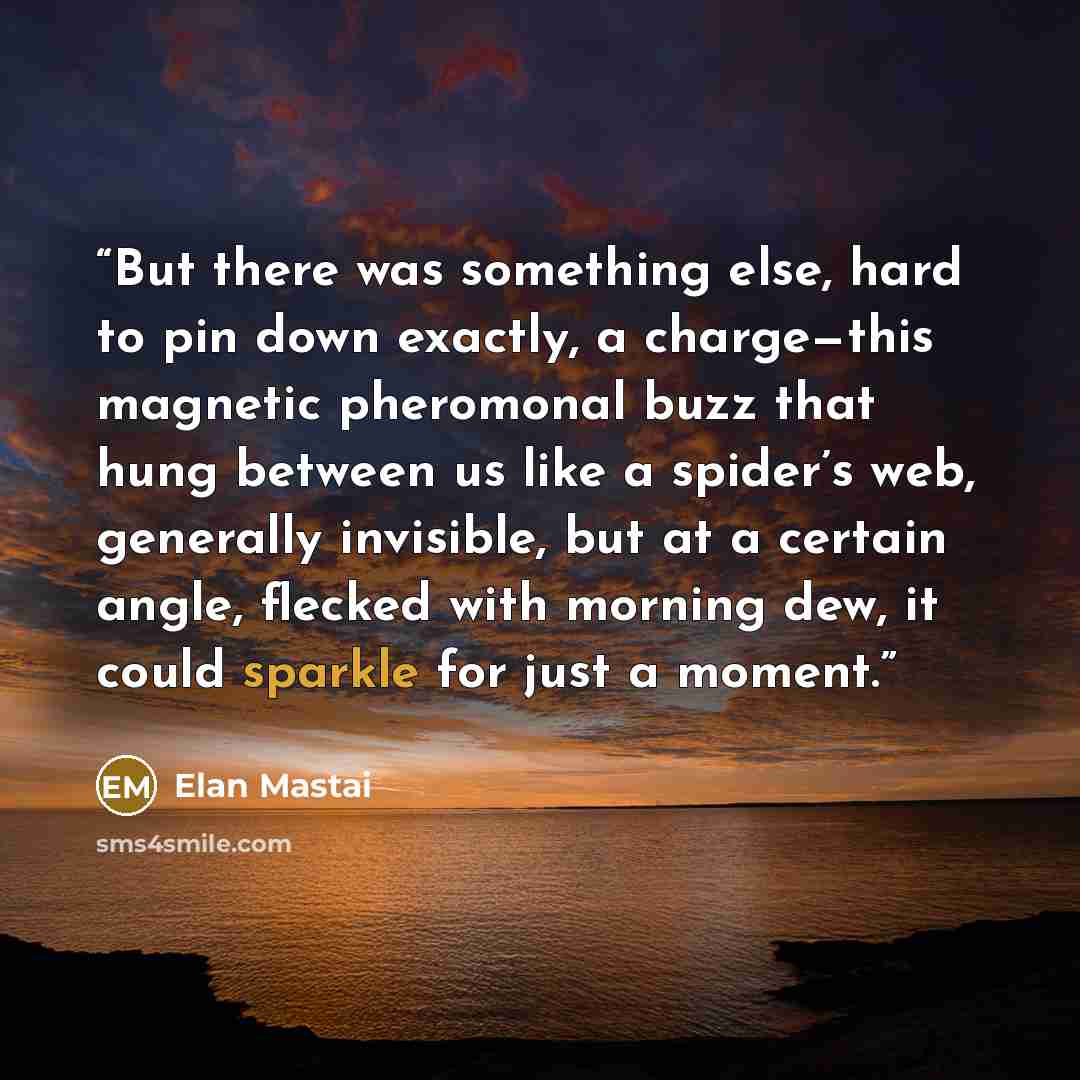 “But there was something else, hard to pin down exactly, a charge—this magnetic pheromonal buzz that hung between us like a spider’s web, generally invisible, but at a certain angle, flecked with morning dew, it could sparkle for just a moment.” quote by Elan Mastai
