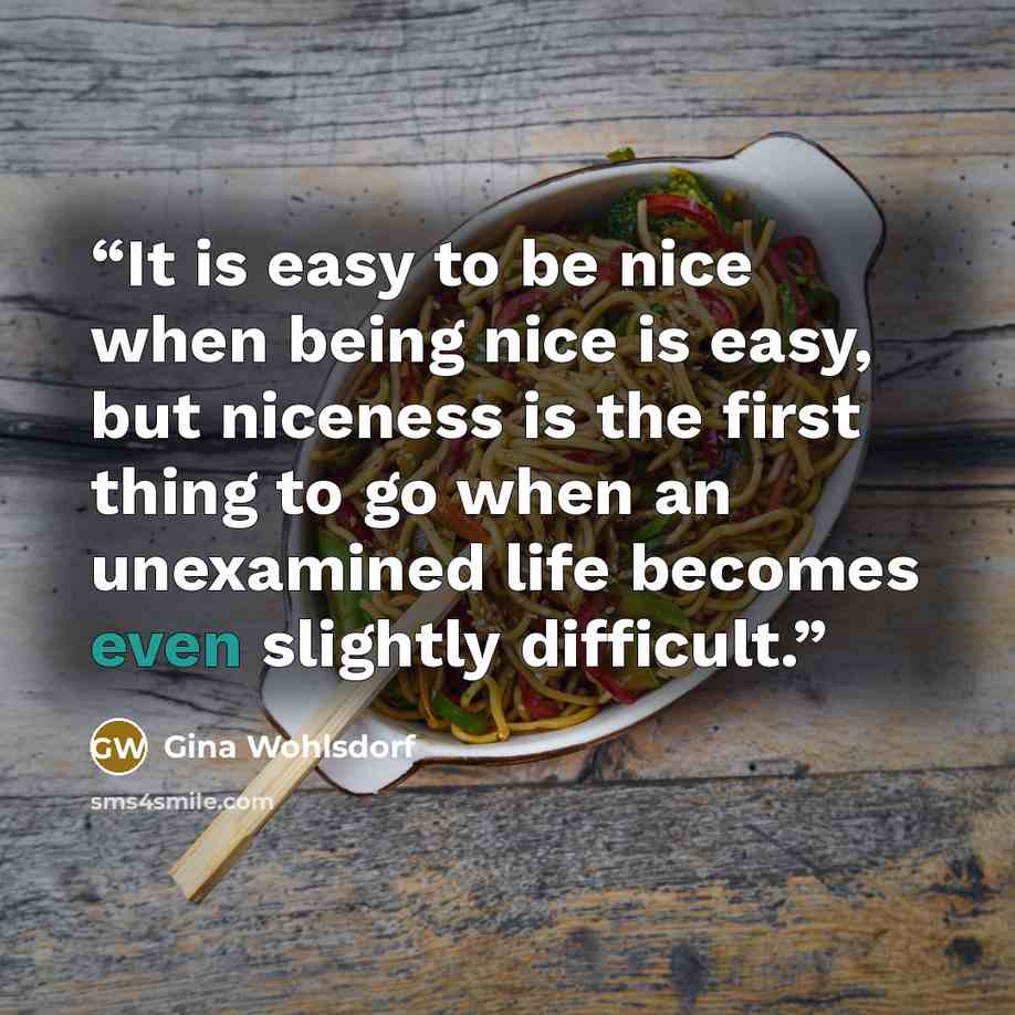 “It is easy to be nice when being nice is easy, but niceness is the first thing to go when an unexamined life becomes even slightly difficult.” quote by Gina Wohlsdorf