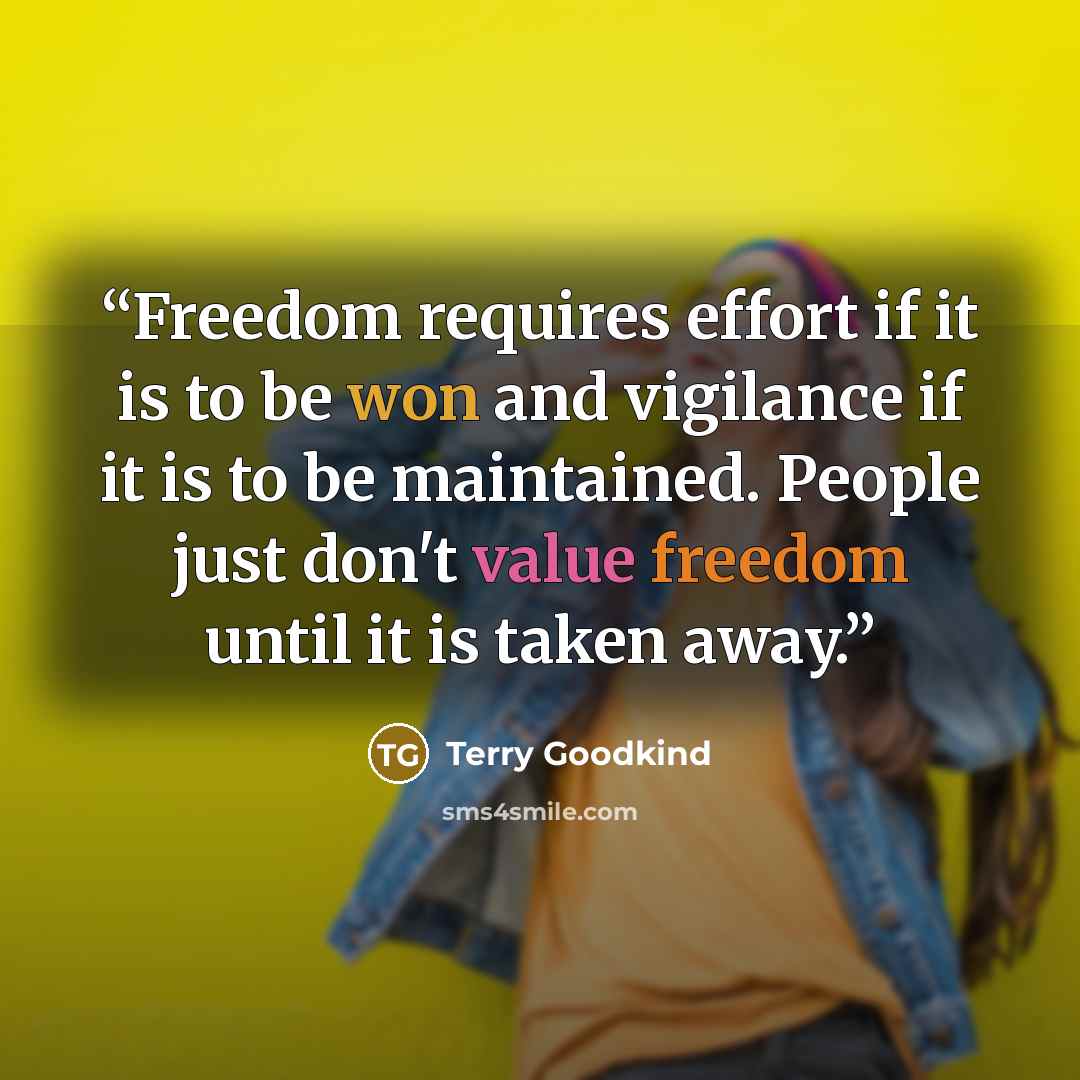 “Freedom requires effort if it is to be won and vigilance if it is to be maintained. People just don't value freedom until it is taken away.” quote by Terry Goodkind