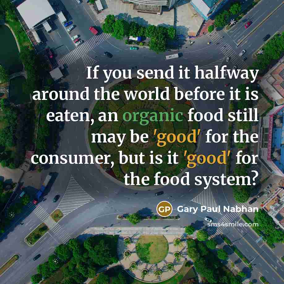 “If you send it halfway around the world before it is eaten, an organic food still may be 'good' for the consumer, but is it 'good' for the food system?” quote by Gary Paul Nabhan