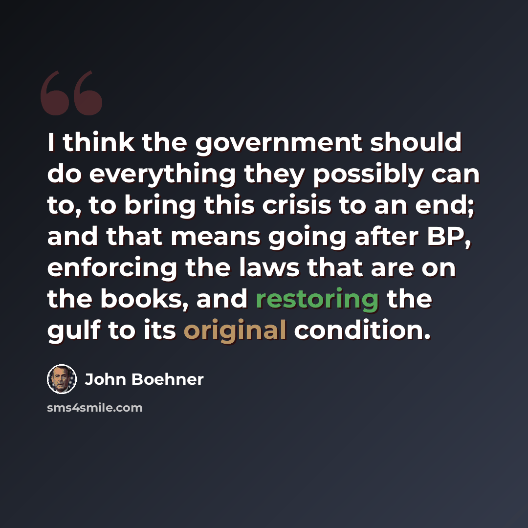 “I think the government should do everything they possibly can to, to bring this crisis to an end; and that means going after BP, enforcing the laws that are on the books, and restoring the gulf to its original condition.” quote by John Boehner