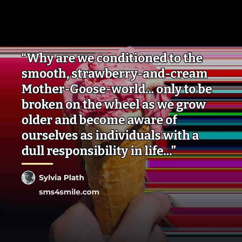 “Why are we conditioned to the smooth, strawberry-and-cream Mother-Goose-world... only to be broken on the wheel as we grow older and become aware of ourselves as individuals with a dull responsibility in life...” quote by Sylvia Plath