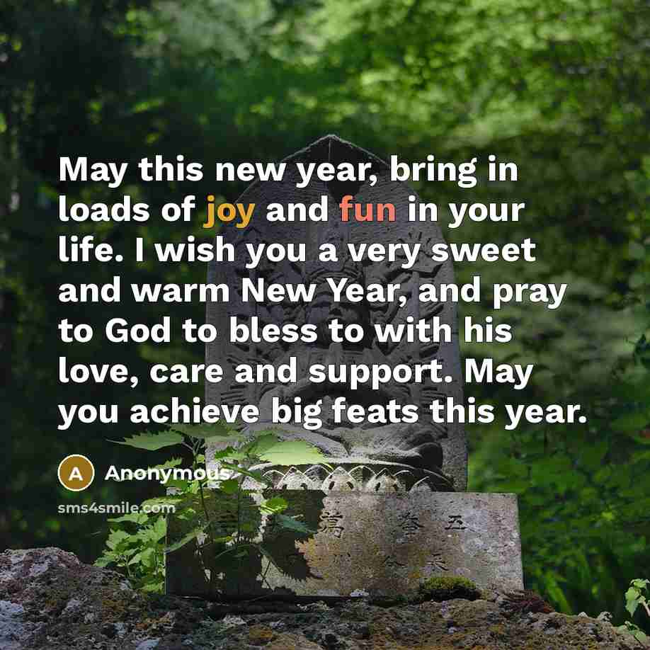 “May this new year, bring in loads of joy and fun in your life. I wish you a very sweet and warm New Year, and pray to God to bless to with his love, care and support. May you achieve big feats this year.” quote by Anonymous