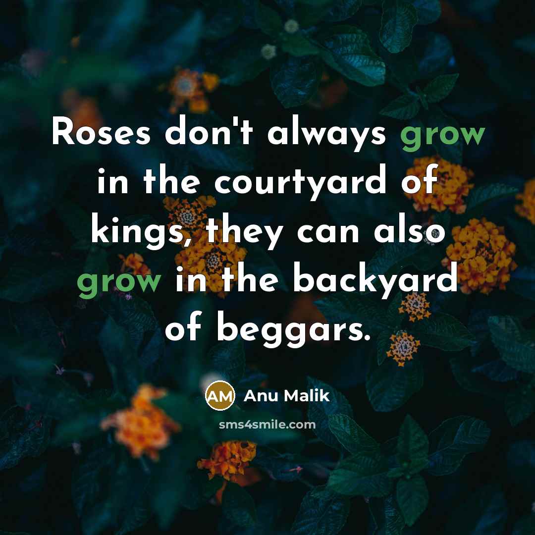 “Roses don't always grow in the courtyard of kings, they can also grow in the backyard of beggars.” quote by Anu Malik