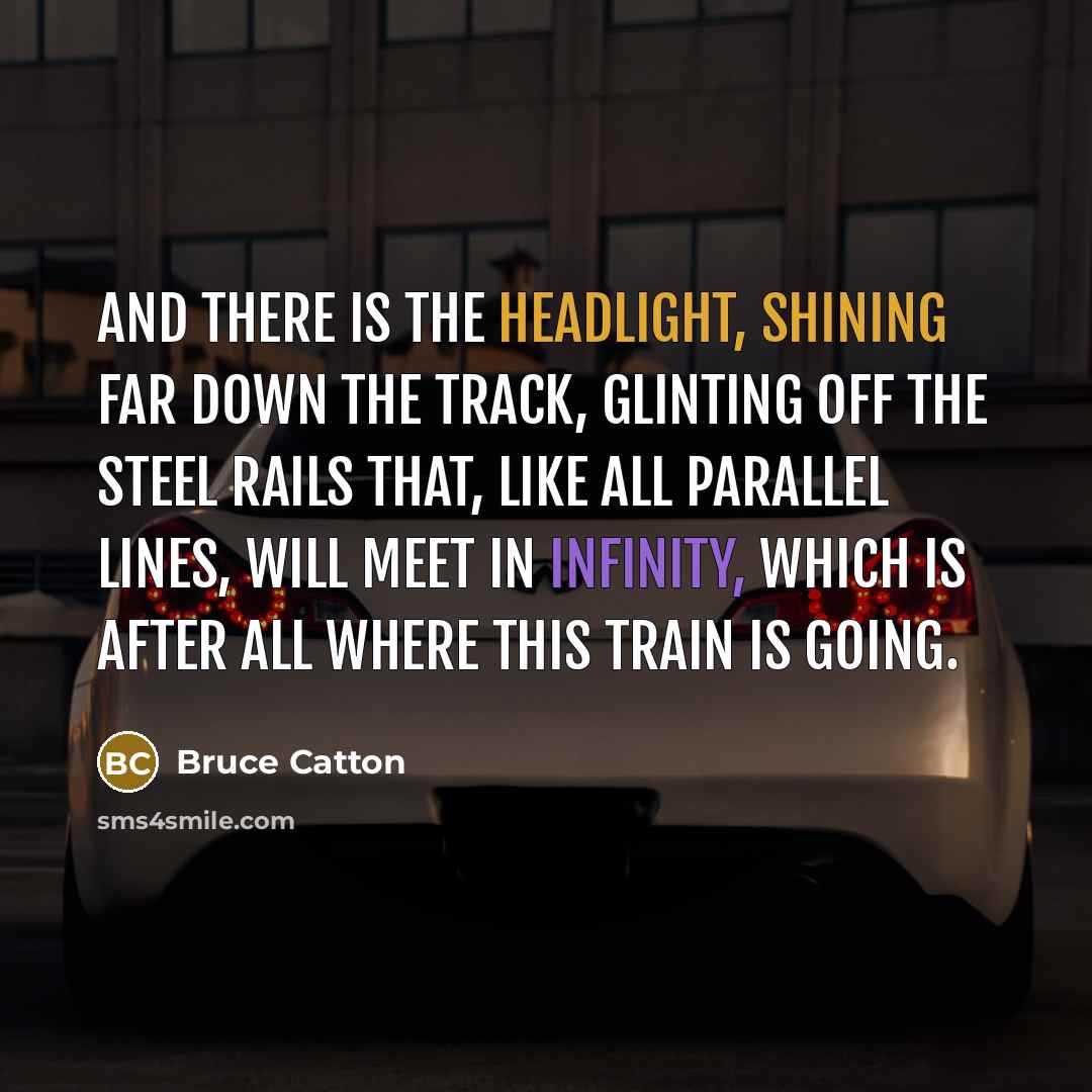 “And there is the headlight, shining far down the track, glinting off the steel rails that, like all parallel lines, will meet in infinity, which is after all where this train is going.” quote by Bruce Catton