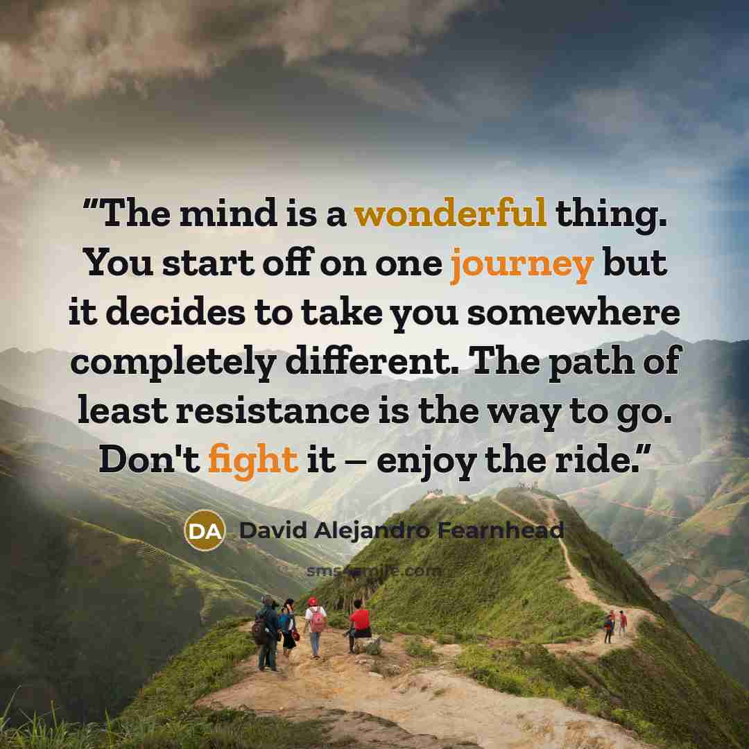“The mind is a wonderful thing. You start off on one journey but it decides to take you somewhere completely different. The path of least resistance is the way to go. Don't fight it – enjoy the ride.” quote by David Alejandro Fearnhead