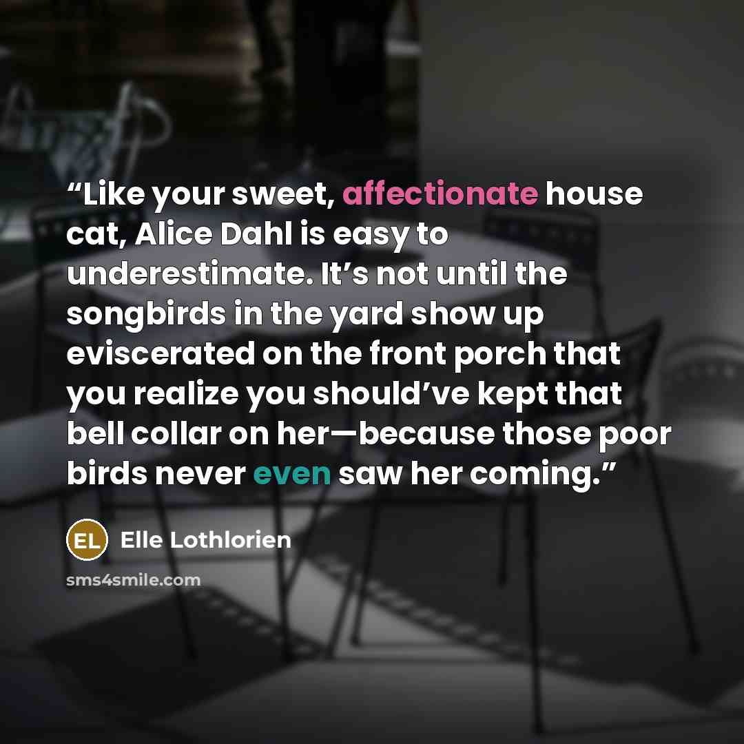“Like your sweet, affectionate house cat, Alice Dahl is easy to underestimate. It’s not until the songbirds in the yard show up eviscerated on the front porch that you realize you should’ve kept that bell collar on her—because those poor birds never even saw her coming.” quote by Elle Lothlorien