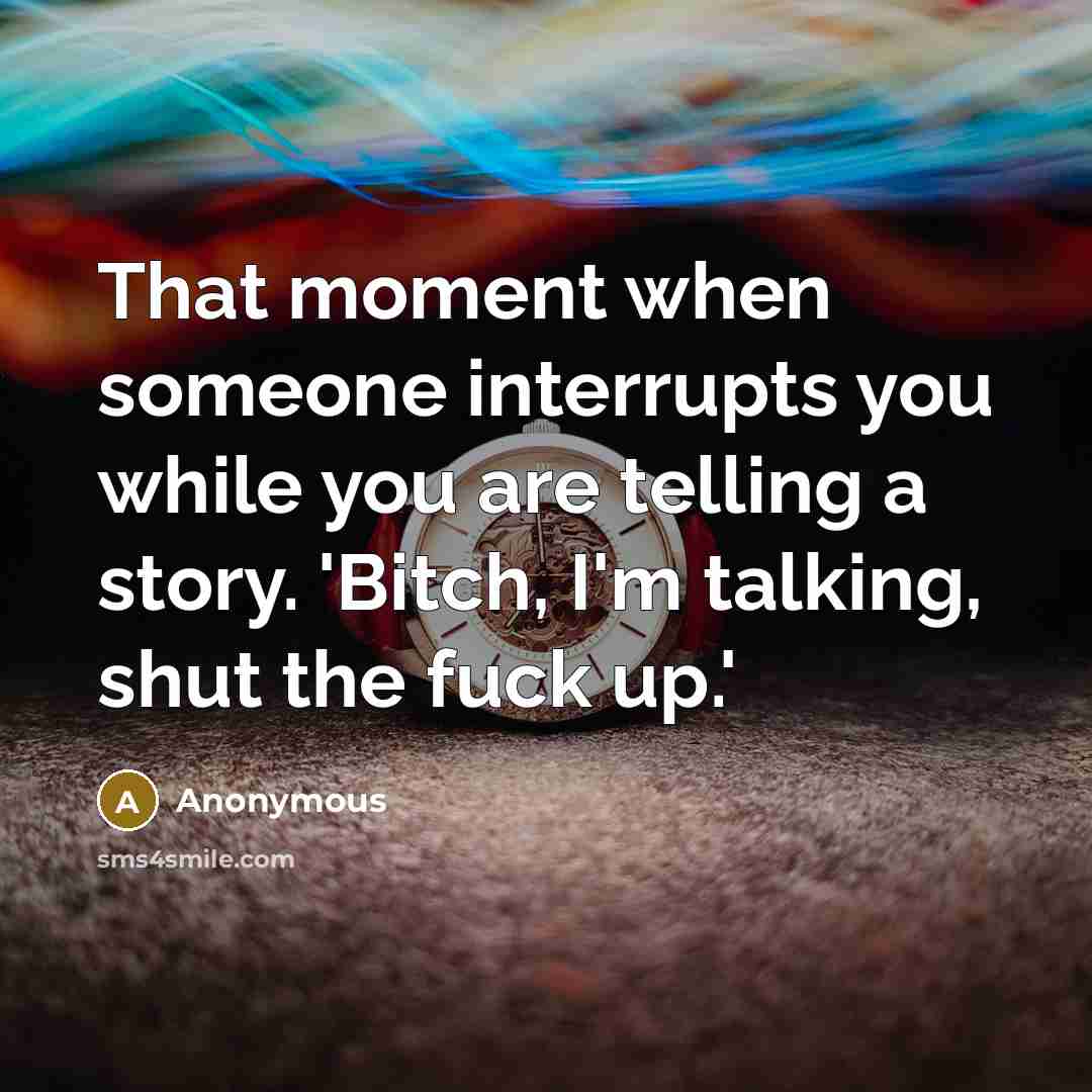 “That moment when someone interrupts you while you are telling a story. 'Bitch, I'm talking, shut the fuck up.'” quote by Anonymous