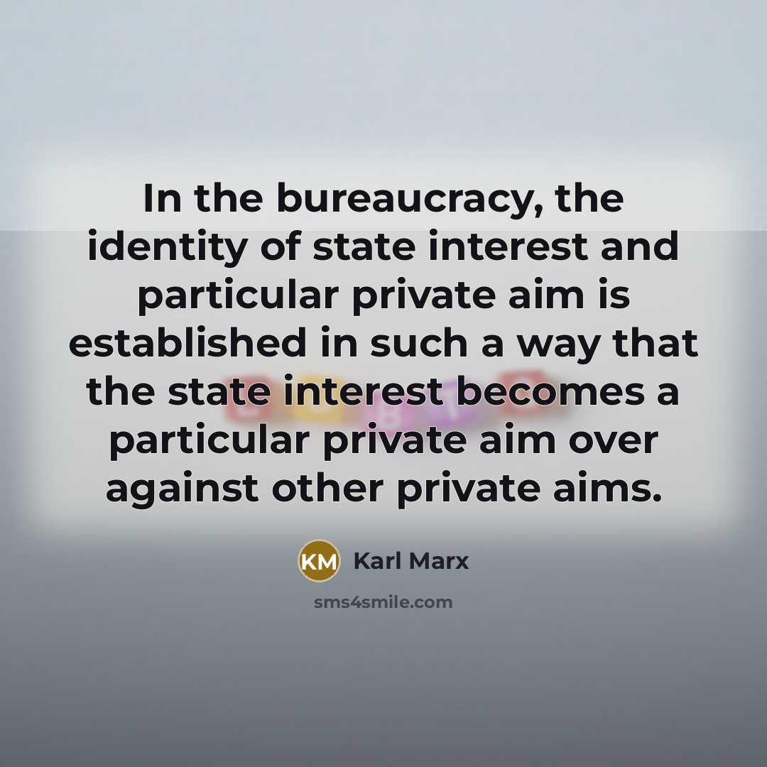 “In the bureaucracy, the identity of state interest and particular private aim is established in such a way that the state interest becomes a particular private aim over against other private aims.” quote by Karl Marx