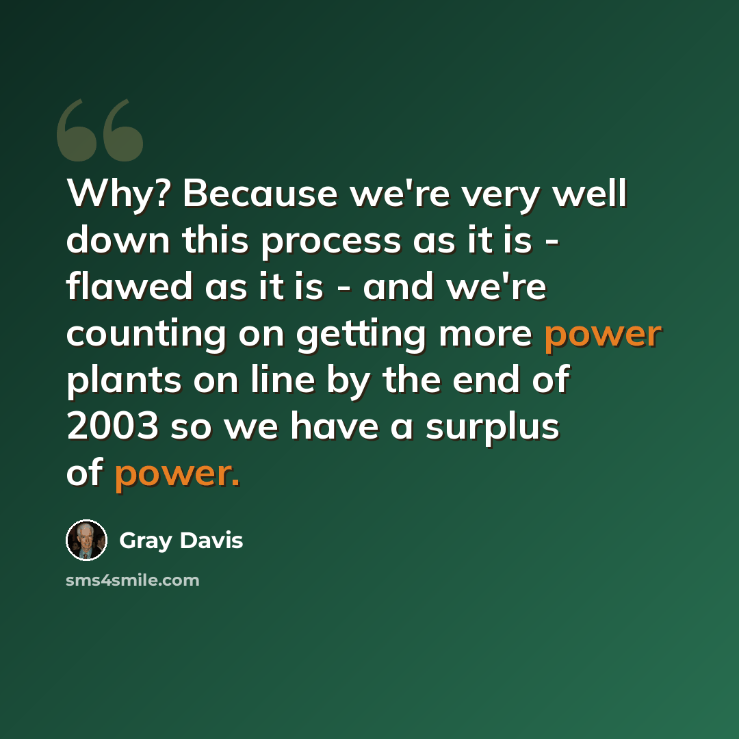 “Why? Because we're very well down this process as it is - flawed as it is - and we're counting on getting more power plants on line by the end of 2003 so we have a surplus of power.” quote by Gray Davis