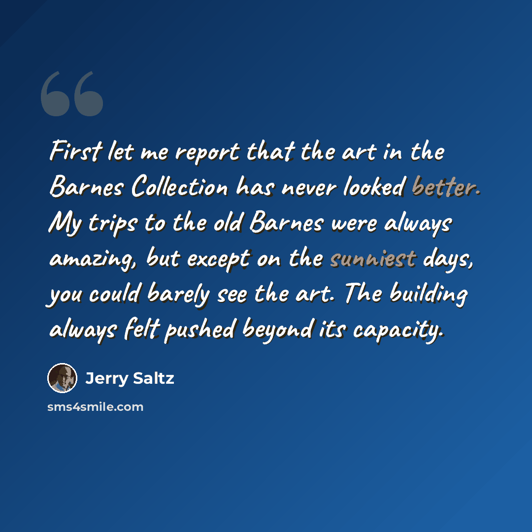 “First let me report that the art in the Barnes Collection has never looked better. My trips to the old Barnes were always amazing, but except on the sunniest days, you could barely see the art. The building always felt pushed beyond its capacity.” quote by Jerry Saltz