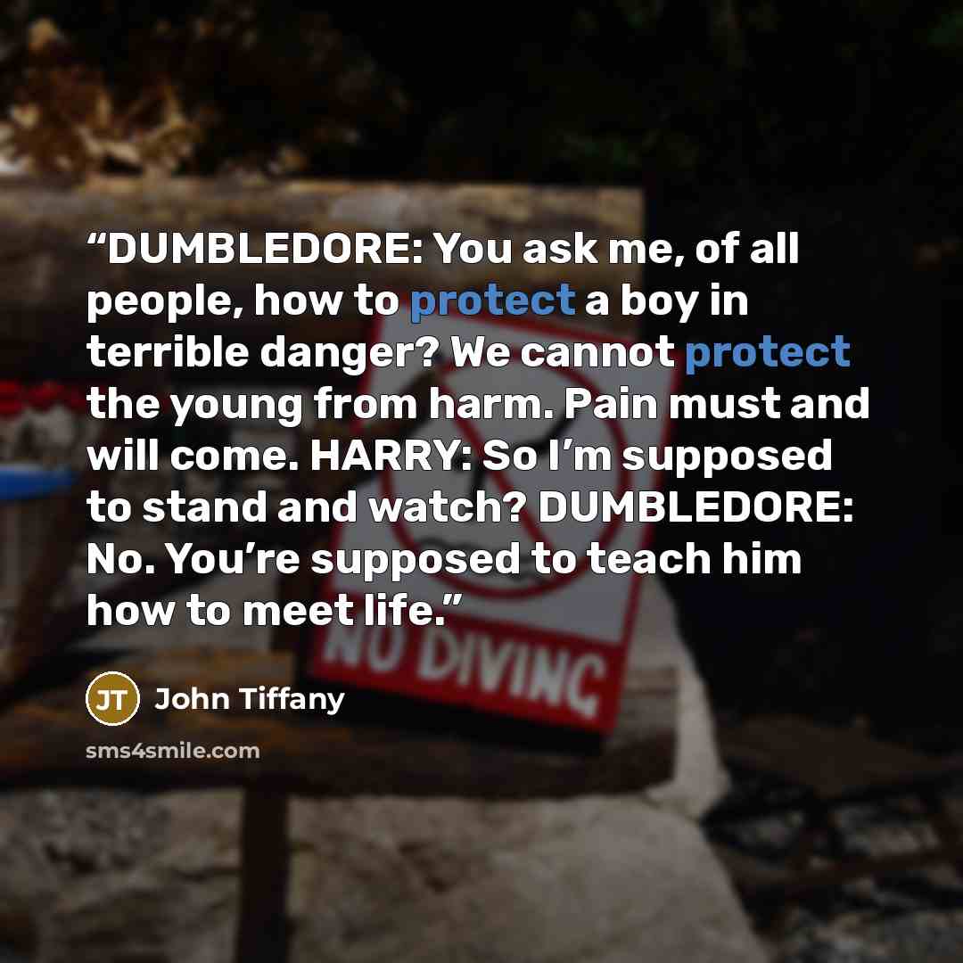 “DUMBLEDORE: You ask me, of all people, how to protect a boy in terrible danger? We cannot protect the young from harm. Pain must and will come. HARRY: So I’m supposed to stand and watch? DUMBLEDORE: No. You’re supposed to teach him how to meet life.” quote by John Tiffany