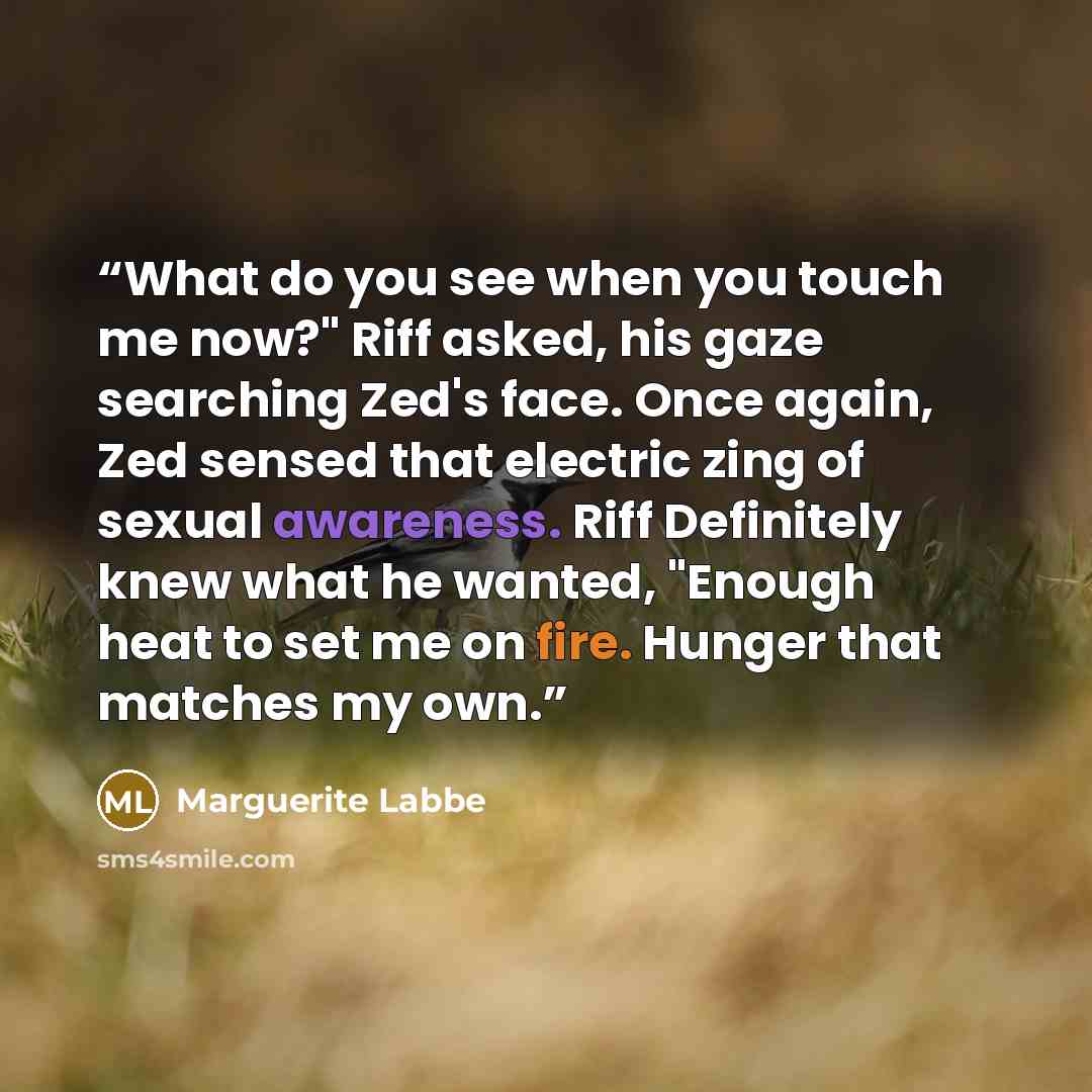 “What do you see when you touch me now?" Riff asked, his gaze searching Zed's face. Once again, Zed sensed that electric zing of sexual awareness. Riff Definitely knew what he wanted, "Enough heat to set me on fire. Hunger that matches my own.” quote by Marguerite Labbe