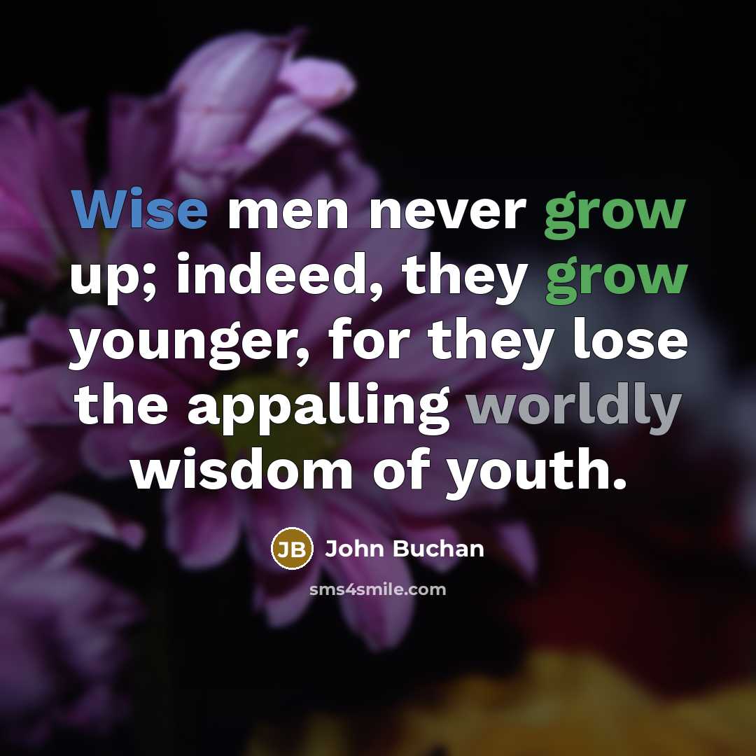 “Wise men never grow up; indeed, they grow younger, for they lose the appalling worldly wisdom of youth.” quote by John Buchan