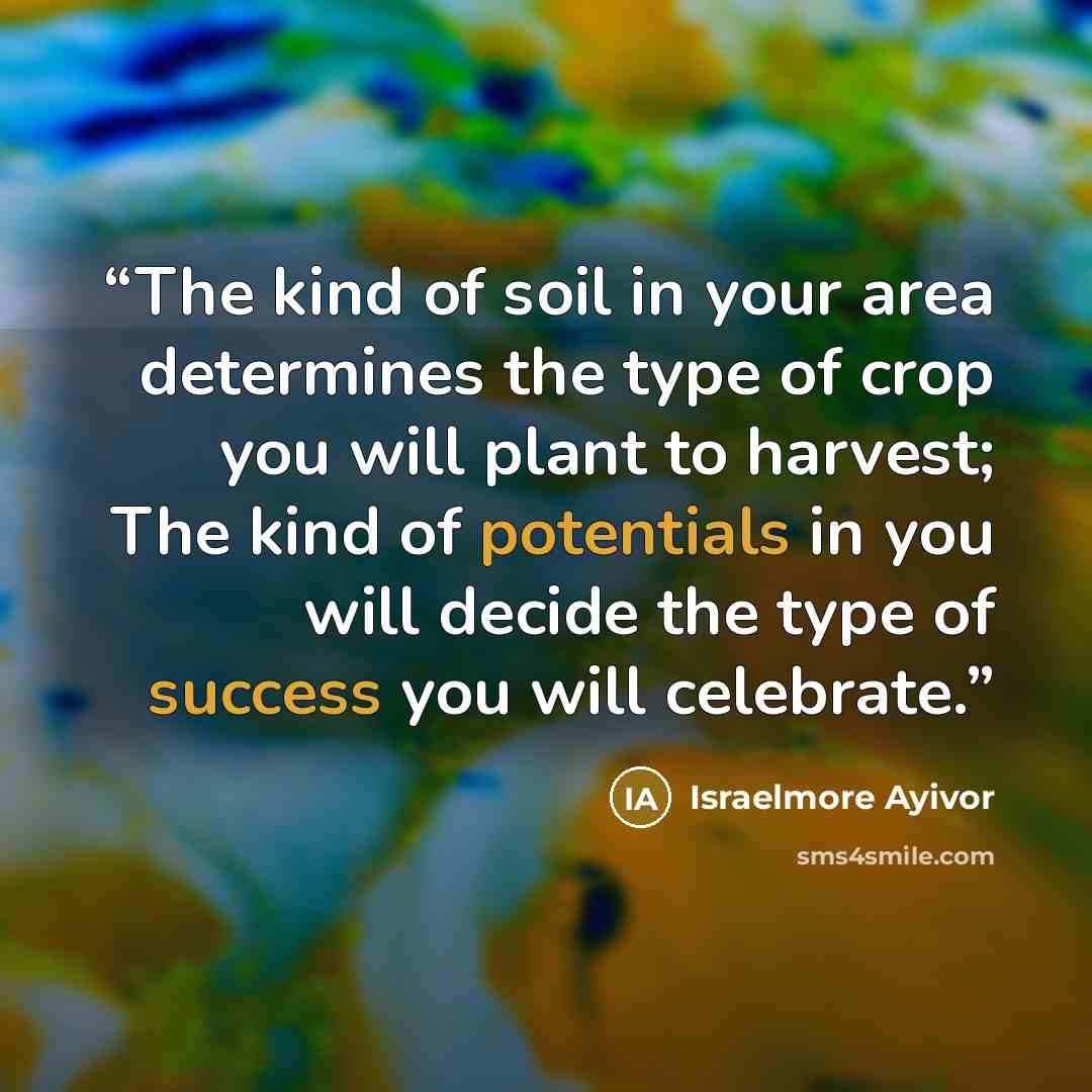 “The kind of soil in your area determines the type of crop you will plant to harvest; The kind of potentials in you will decide the type of success you will celebrate.” quote by Israelmore Ayivor