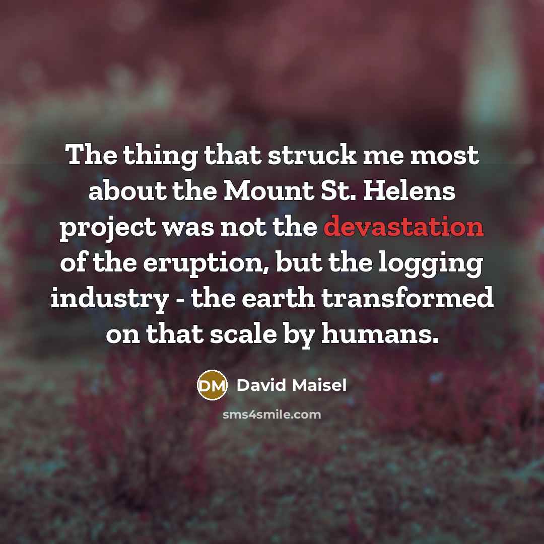 “The thing that struck me most about the Mount St. Helens project was not the devastation of the eruption, but the logging industry - the earth transformed on that scale by humans.” quote by David Maisel