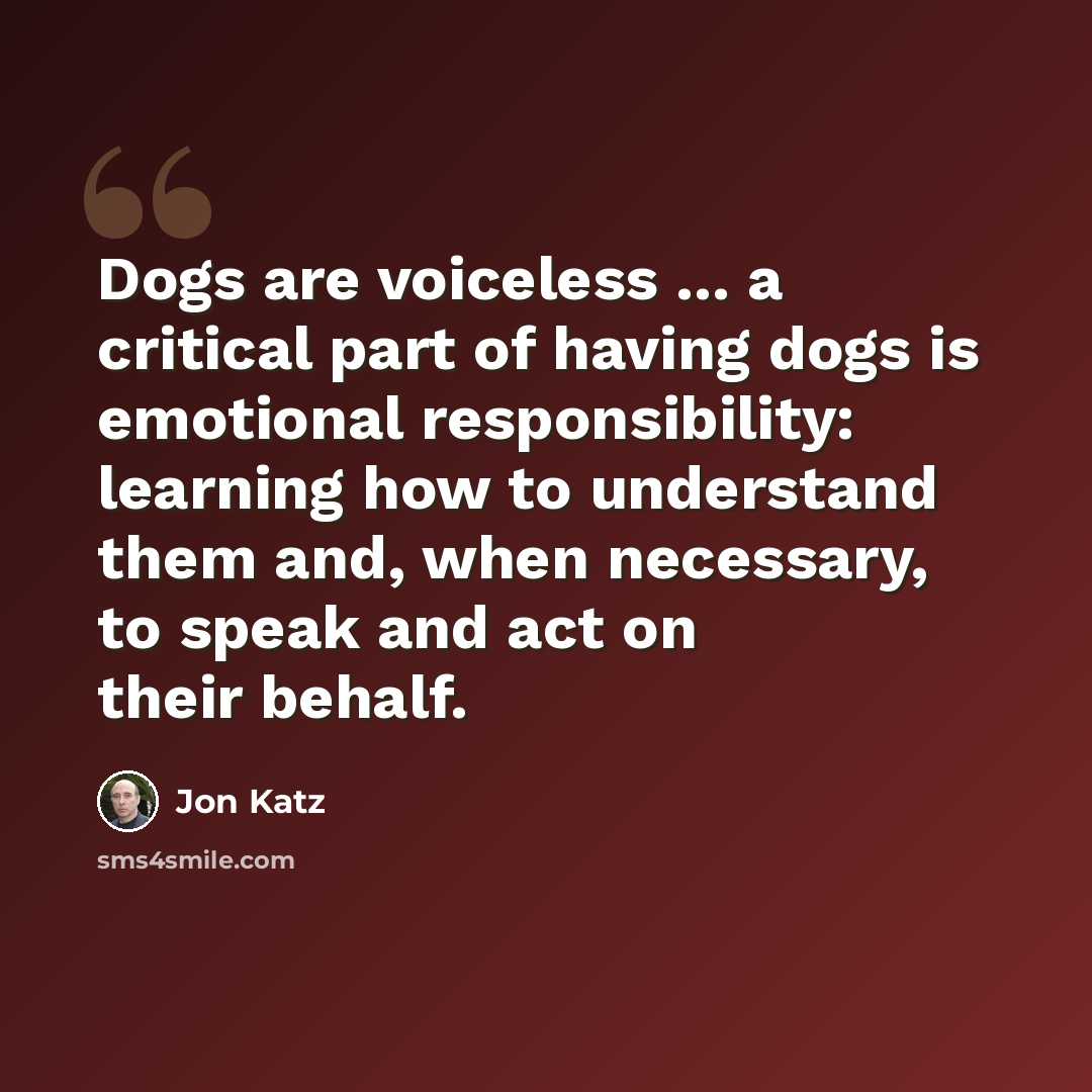 “Dogs are voiceless ... a critical part of having dogs is emotional responsibility: learning how to understand them and, when necessary, to speak and act on their behalf.” quote by Jon Katz